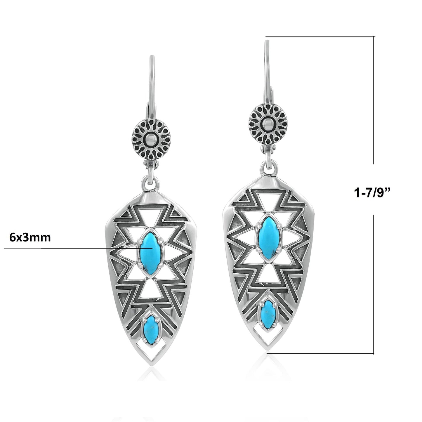 Sterling Silver Marquise Kingman Turquoise Patterned Lever Back Earrings