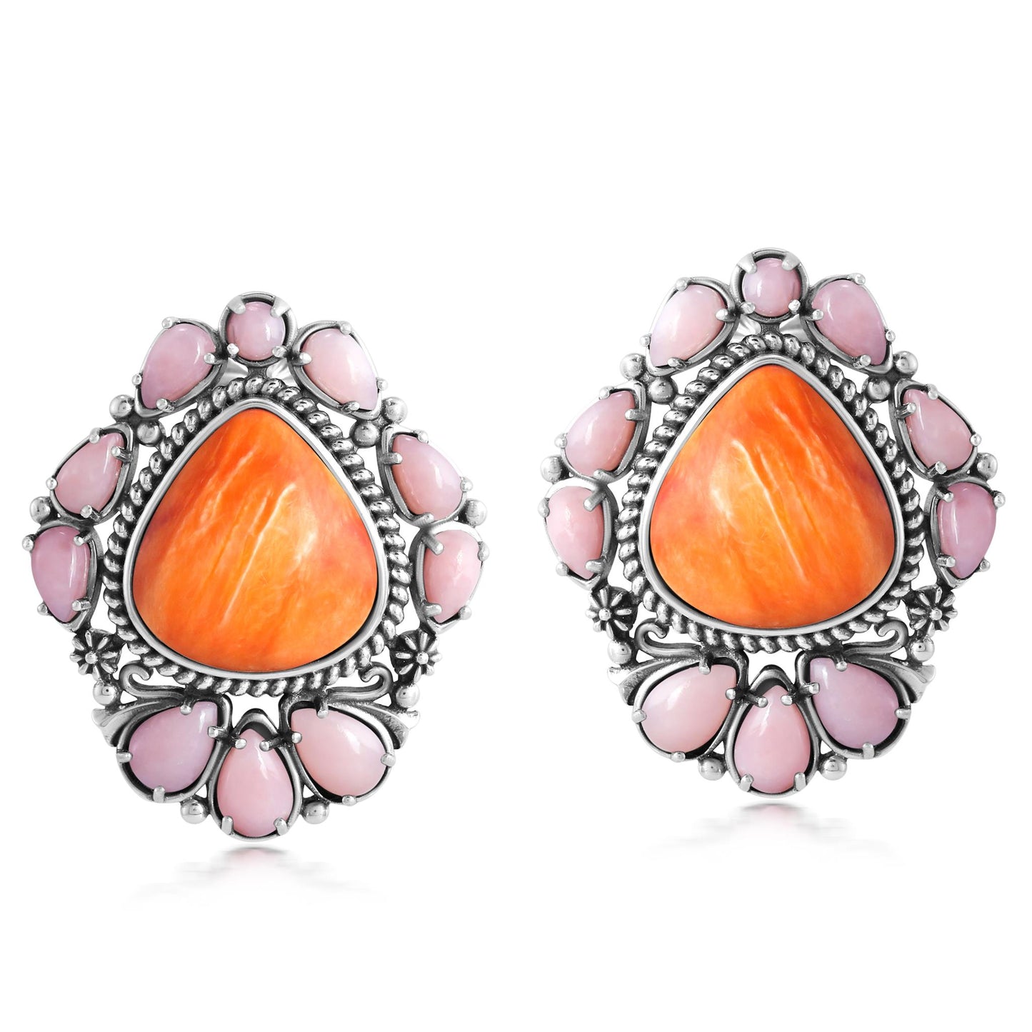 EXCLUSIVELY OURS! Sterling Silver Orange Spiny Oyster and Pink Opal Trillion, Pear and Oval Stud Earrings