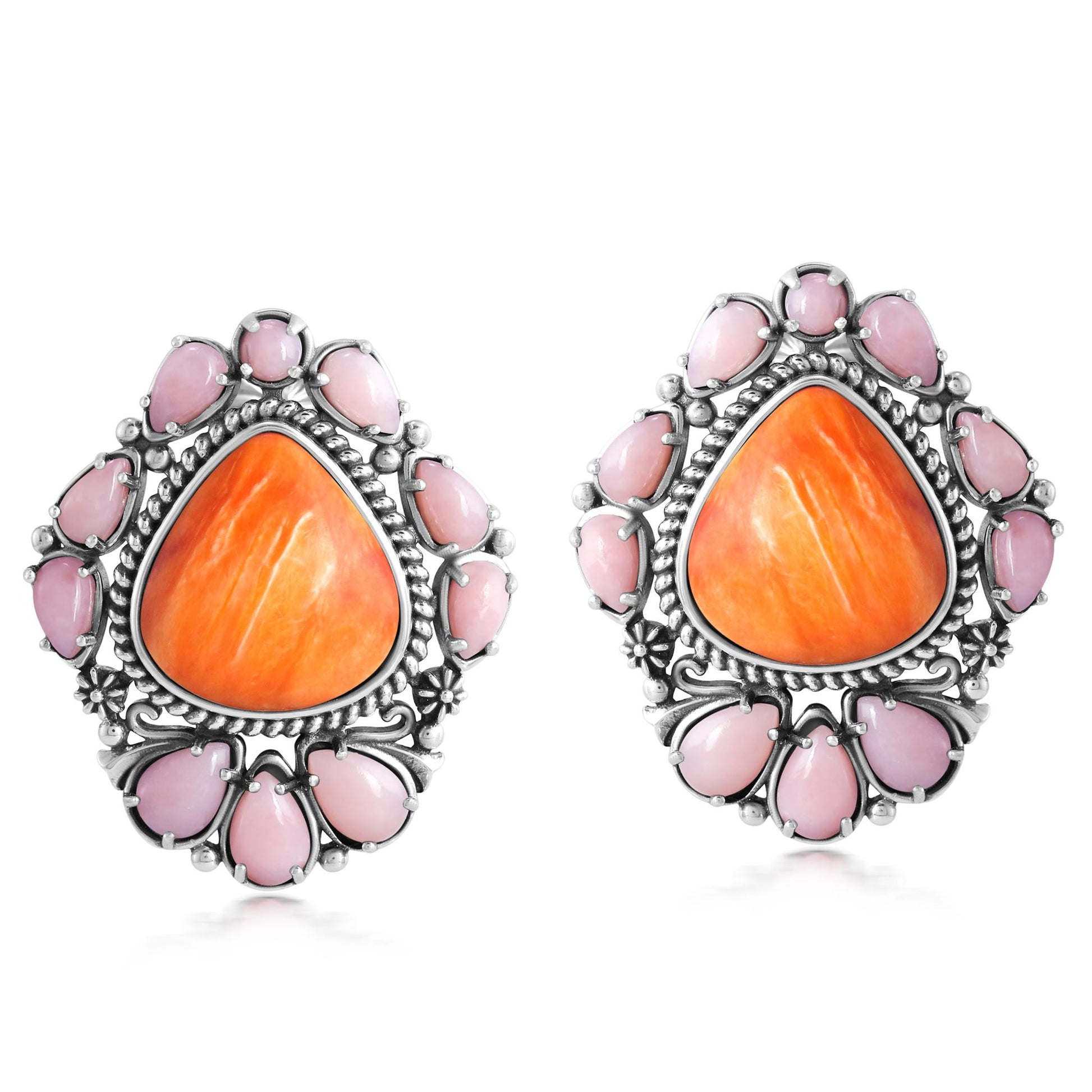 EXCLUSIVELY OURS! Sterling Silver Orange Spiny Oyster and Pink Opal Trillion, Pear and Oval Stud Earrings