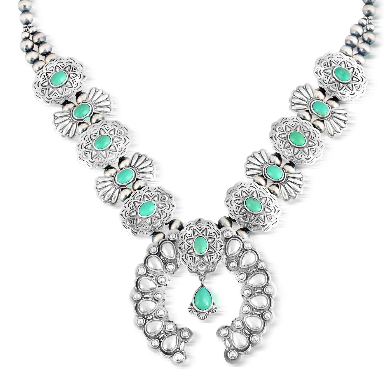 Sterling Silver Green Turquoise Concha Butterfly Squash Blossom Necklace