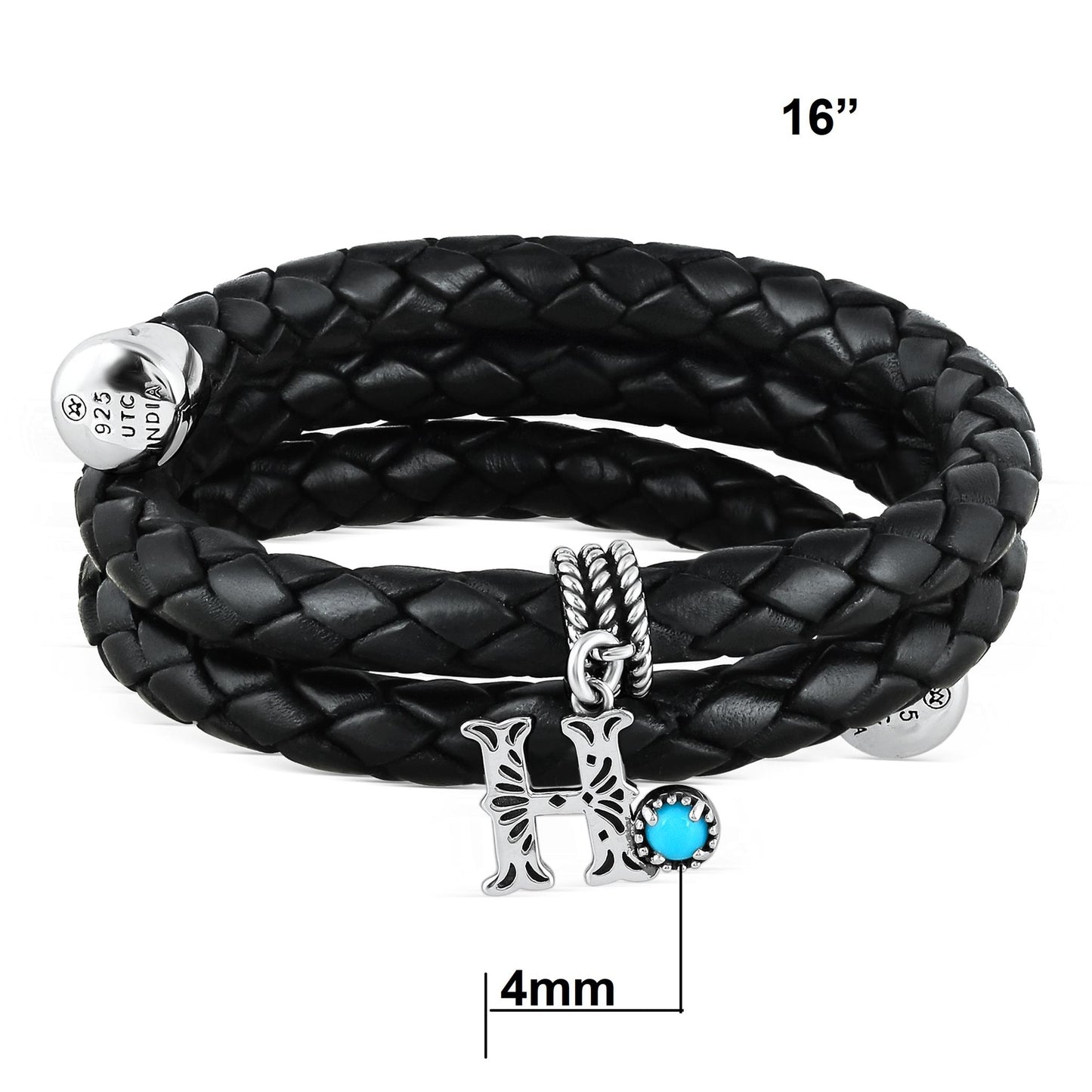 Sterling Silver Sleeping Beauty Turquoise Black Leather Initial "H" Coil Bracelet