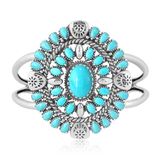 EXCLUSIVELY YOURS! Sterling Silver Kingman Turquoise Oval Floral Cluster Cuff Bracelet