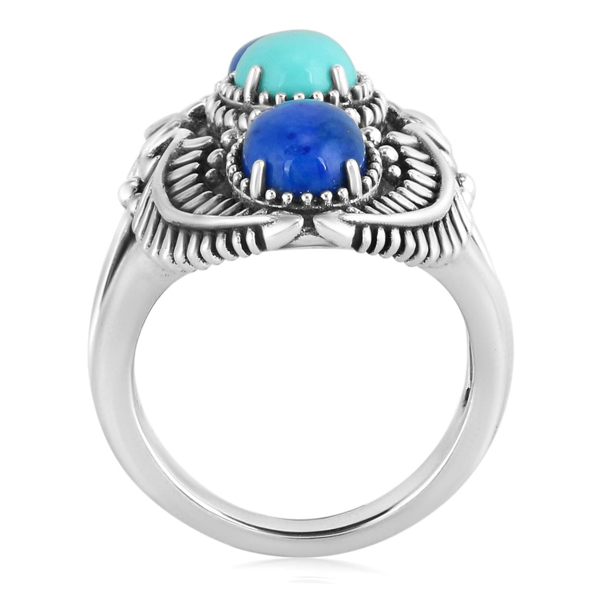 Sterling Silver Denim Lapis and Green Blue Turquoise Feather Ring