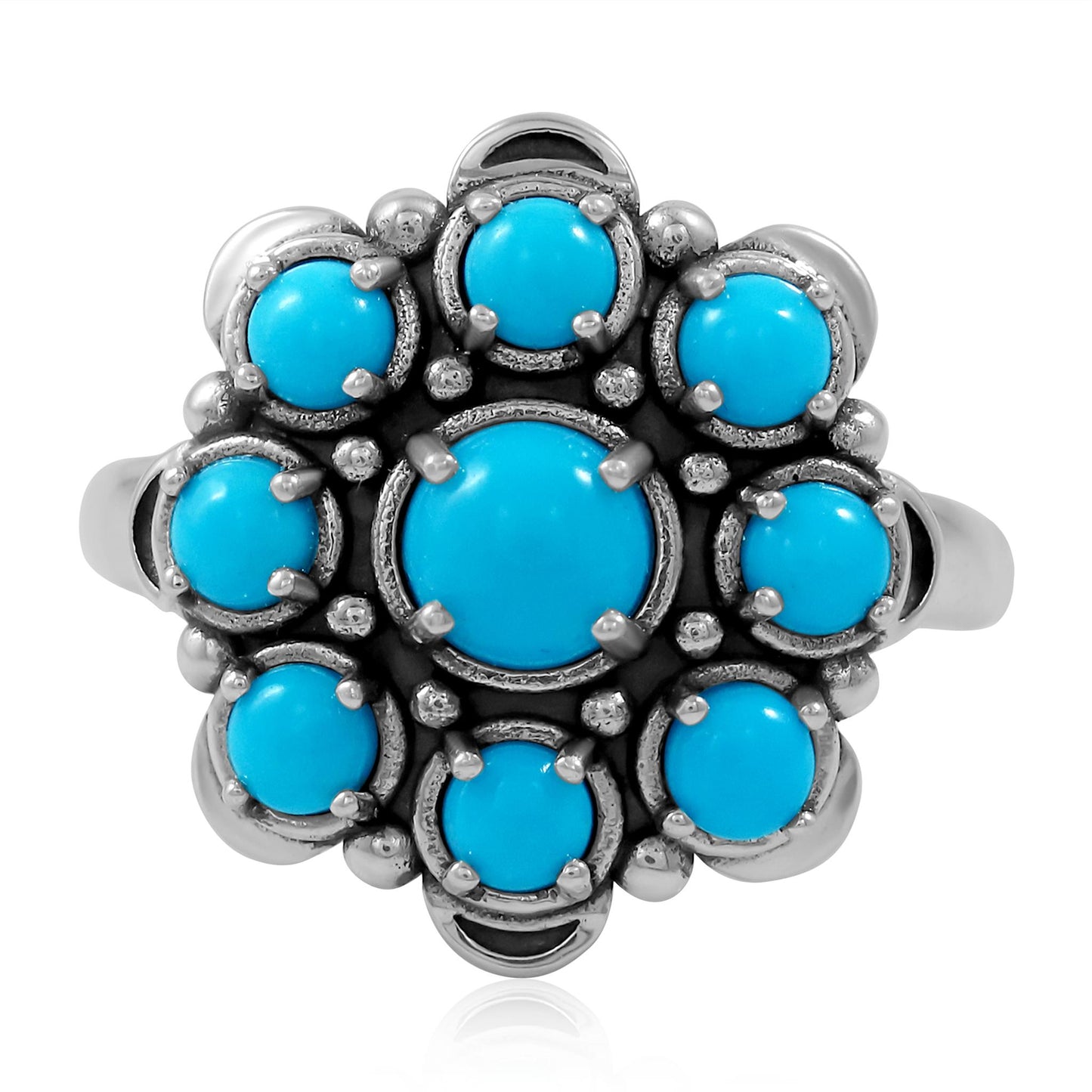 LIMITED EDITION! Sterling Silver Sleeping Beauty Turquoise Round Cut Flower Cluster Ring