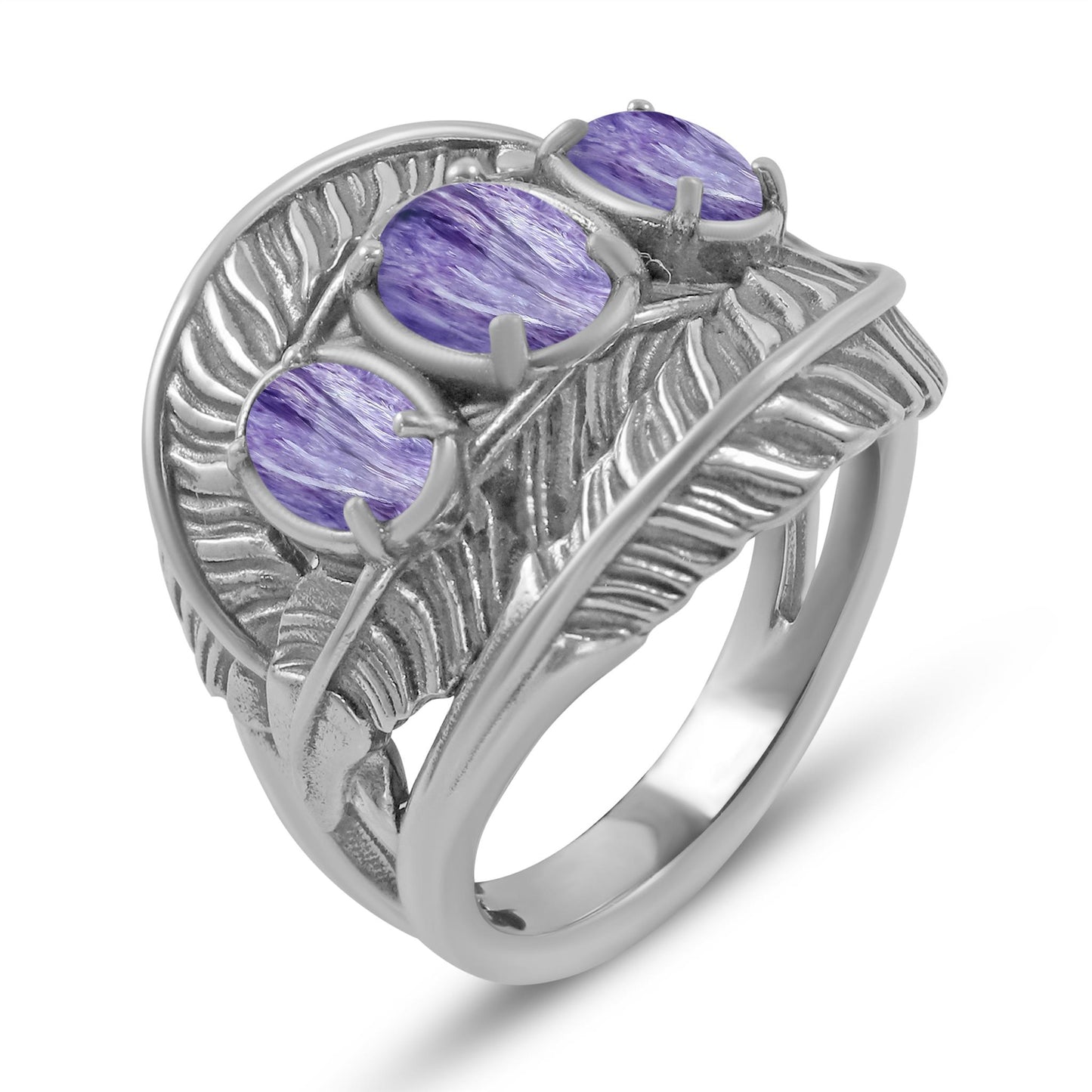 Sterling Silver Charoite Three-Stone Oval Cut Feather Ring