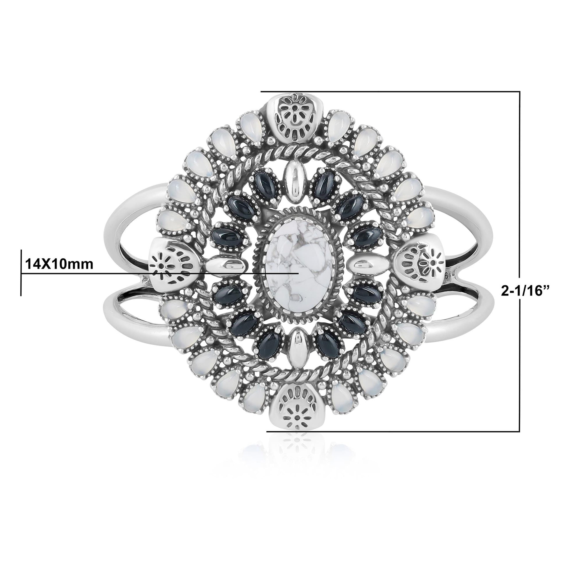 Sterling Silver White Howlite, Black Agate and White Agate Floral Cluster Cuff Bracelet