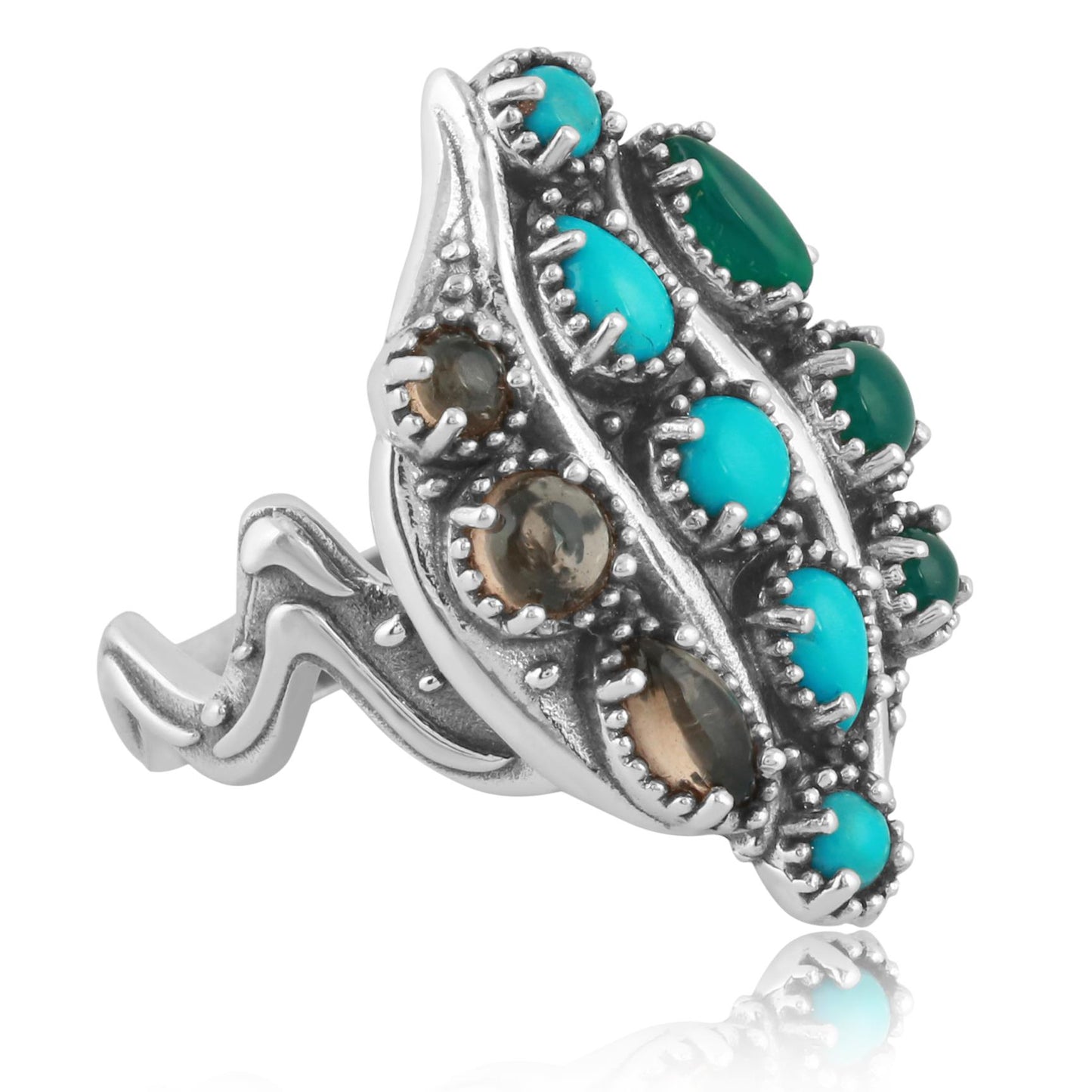 Sterling Silver Sleeping Beauty Turquoise, Green Onyx and Smoky Quartz Rio Grande Ring