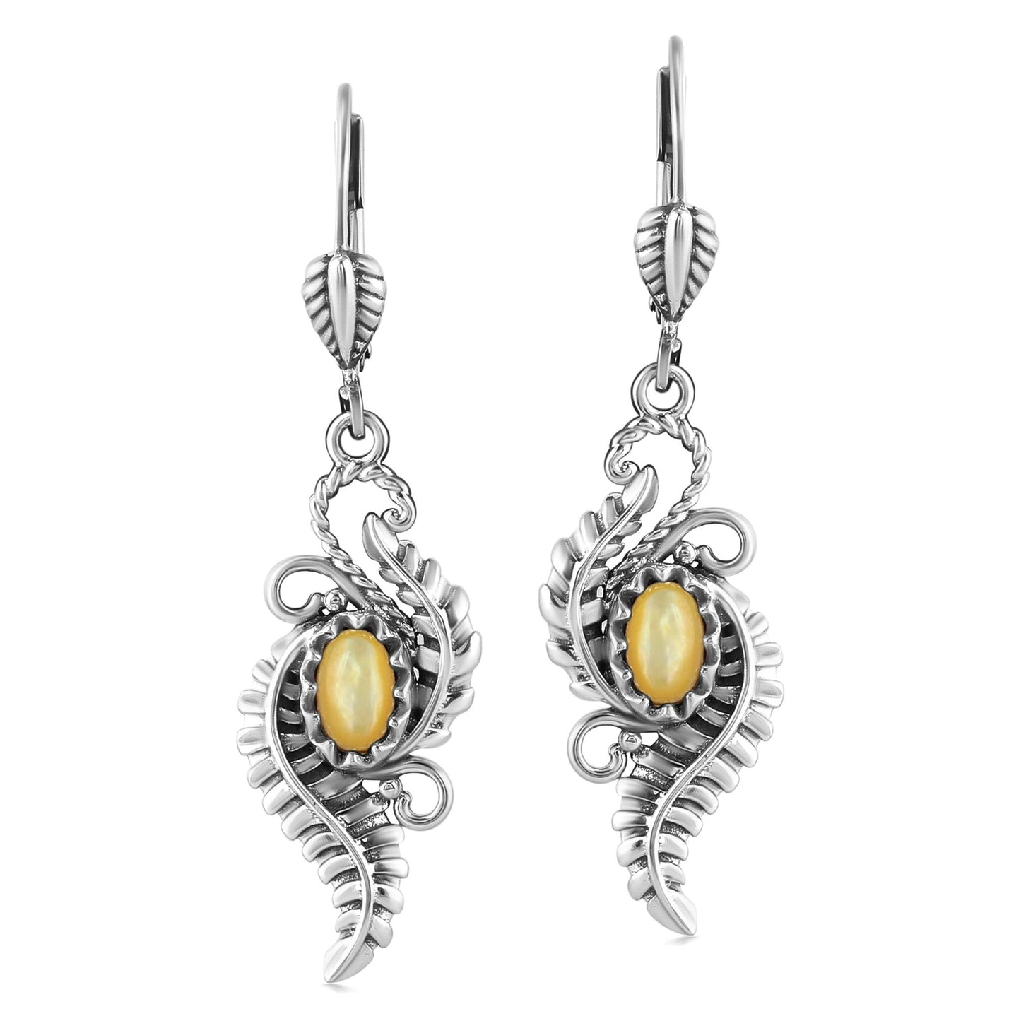 Sterling Silver Yellow Mother of Pearl Vine and Leaf Dangle Earrings