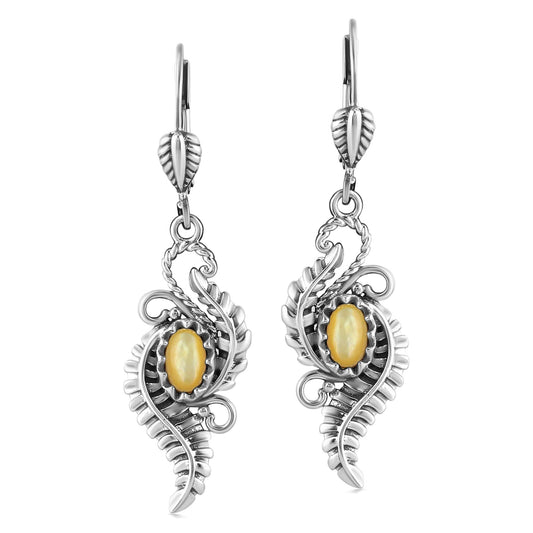 Sterling Silver Yellow Mother of Pearl Vine and Leaf Dangle Earrings