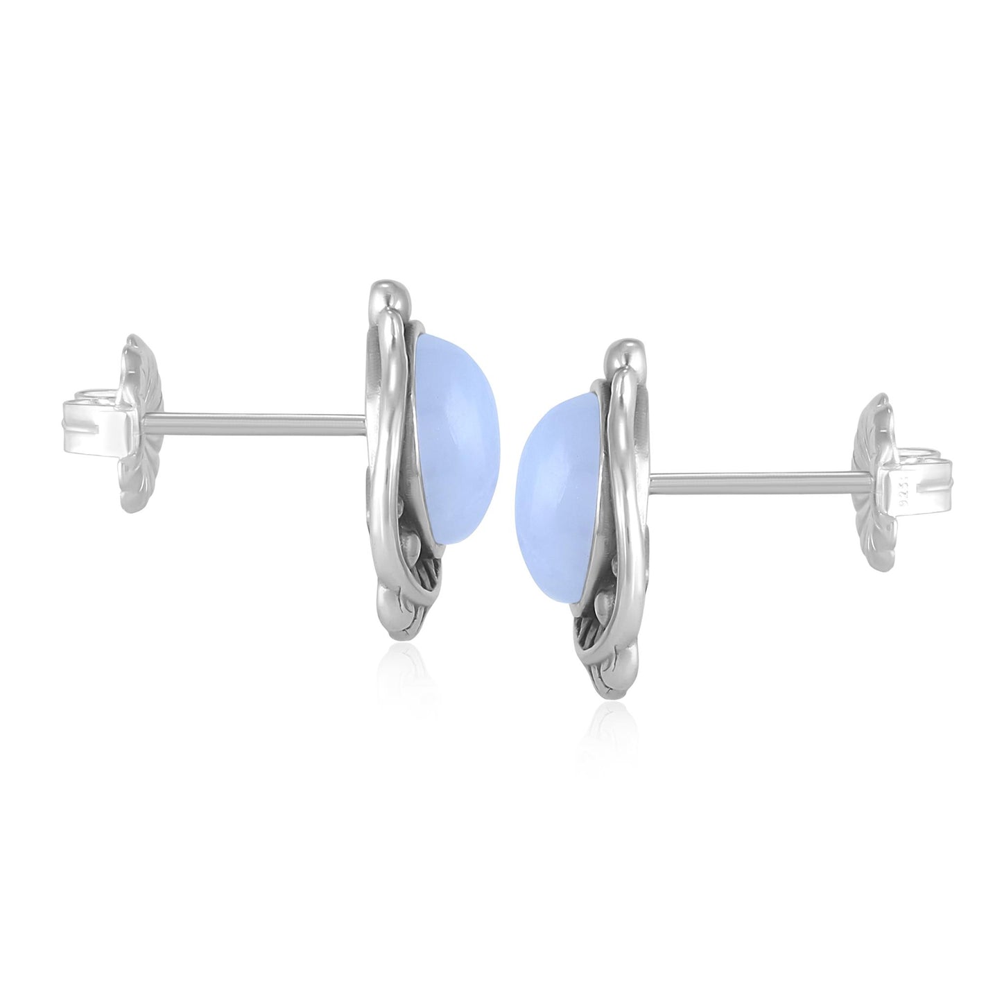 Sterling Silver Blue Lace Agate Leaf Button Earrings