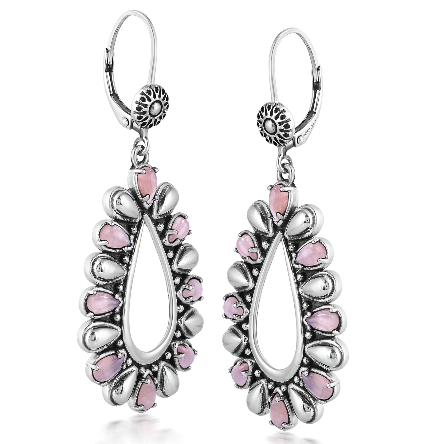 Sterling Silver Rhodochrosite Open Teardrop Pear-Cut Dangle Earrings