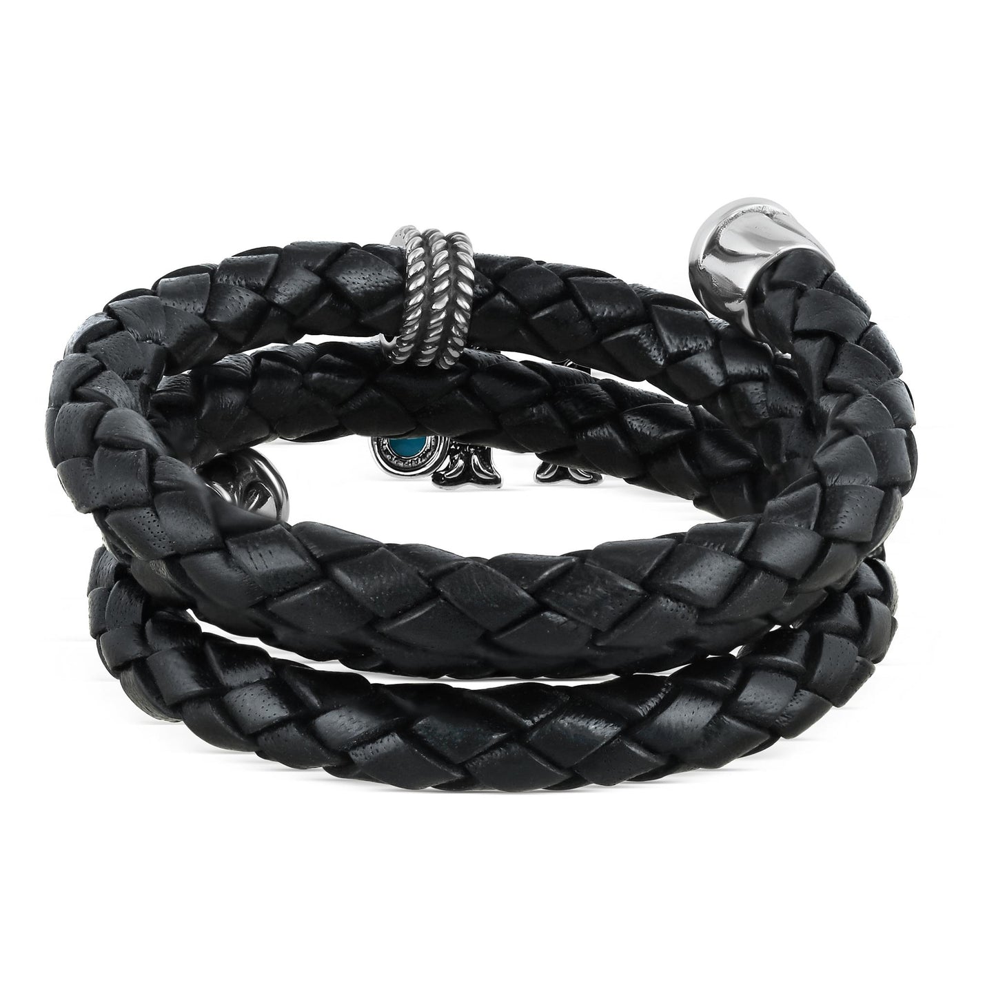 Sterling Silver Sleeping Beauty Turquoise Black Leather Initial "H" Coil Bracelet