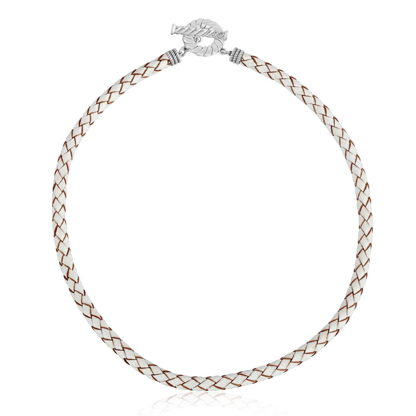 Sterling Silver Braided White Leather Toggle Necklace