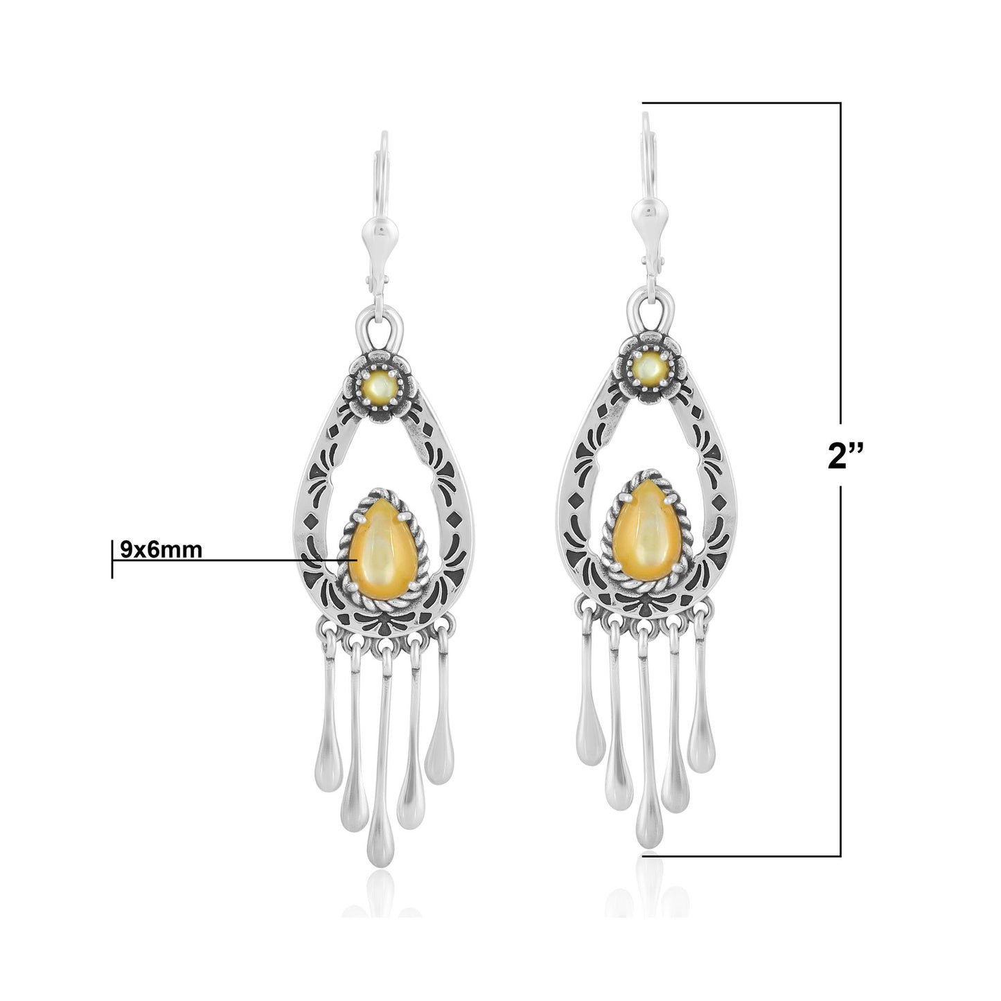Sterling Silver Yellow Mother of Pearl Pear-Cut Lever Back Dangle Earrings