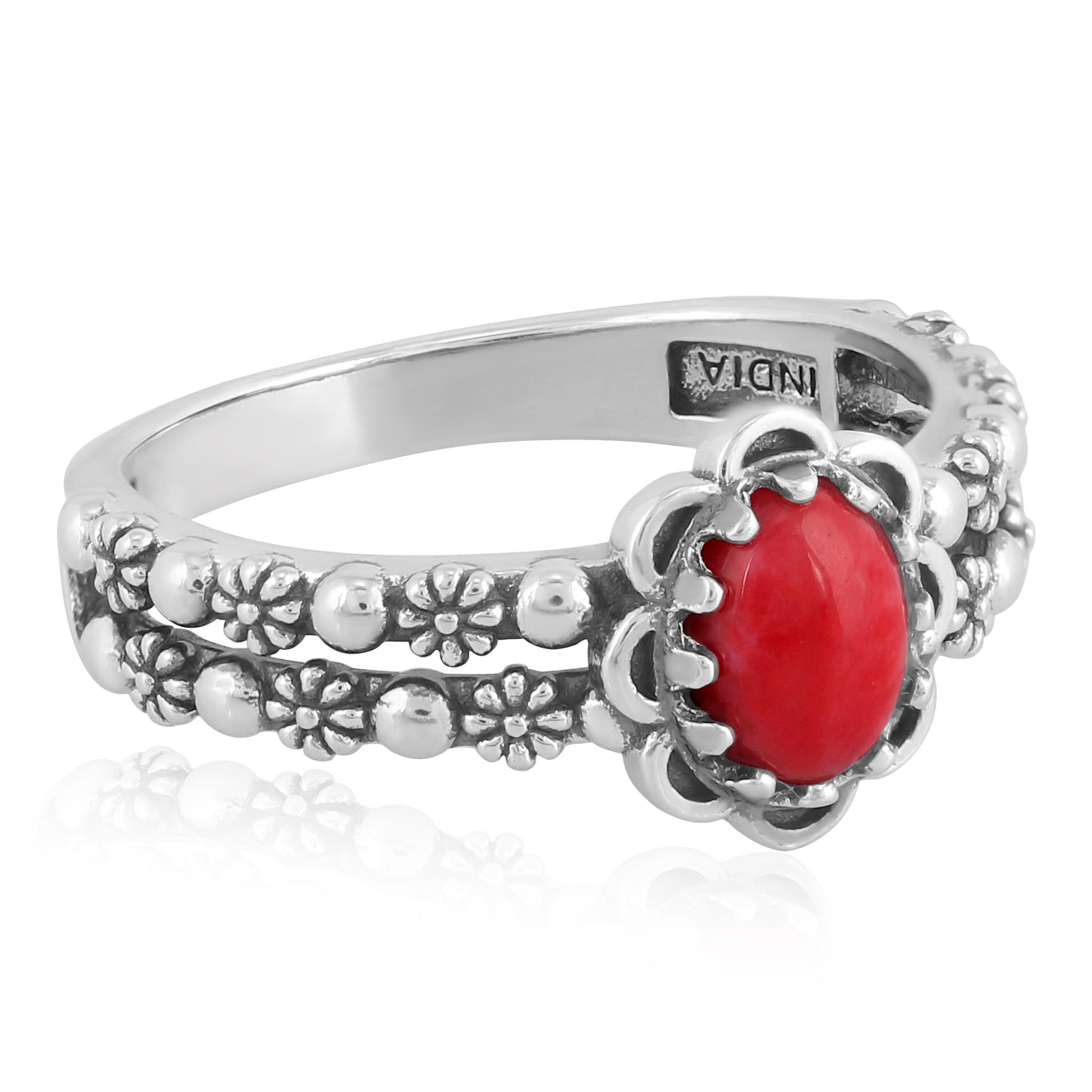 Sterling Silver Red Coral Double Row Concha Flower Ring