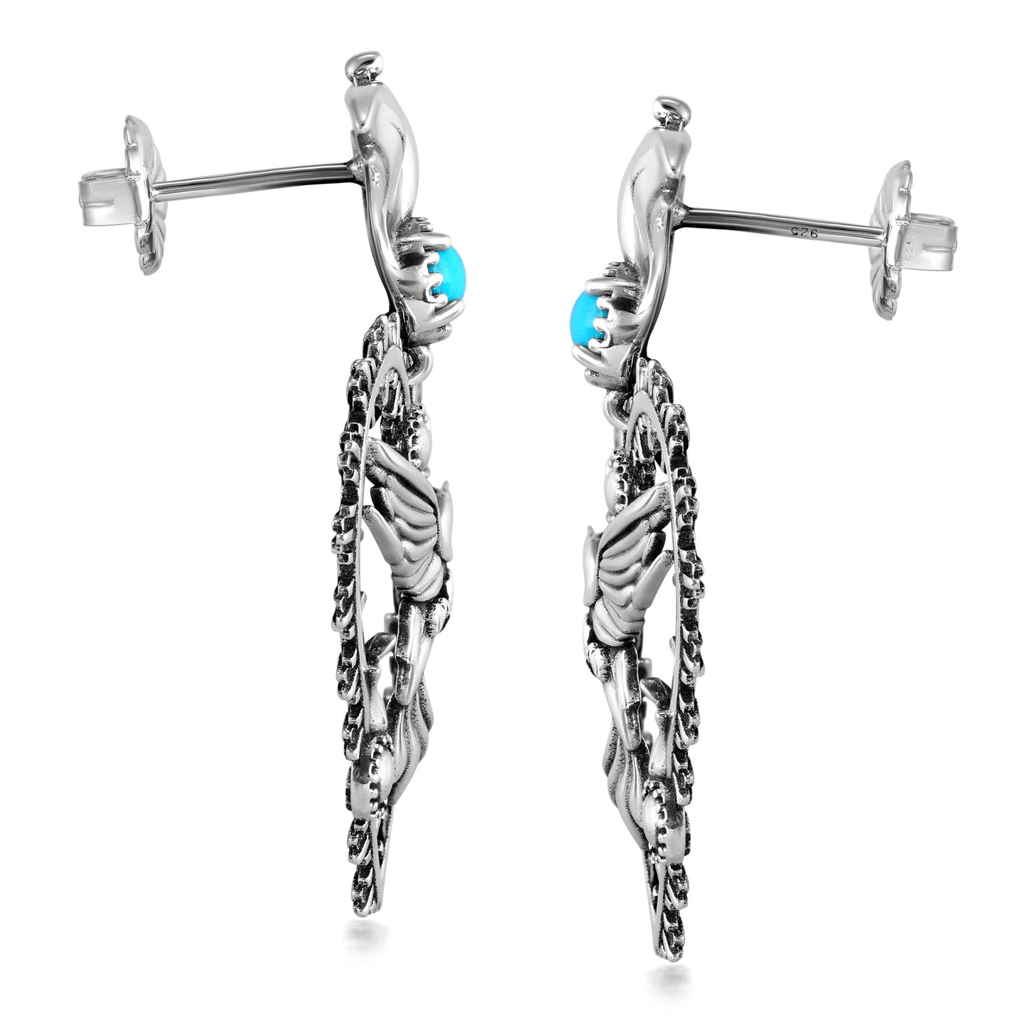 Sterling Silver Sleeping Beauty Turquoise Fritz Casuse Heart Hummingbird Earrings