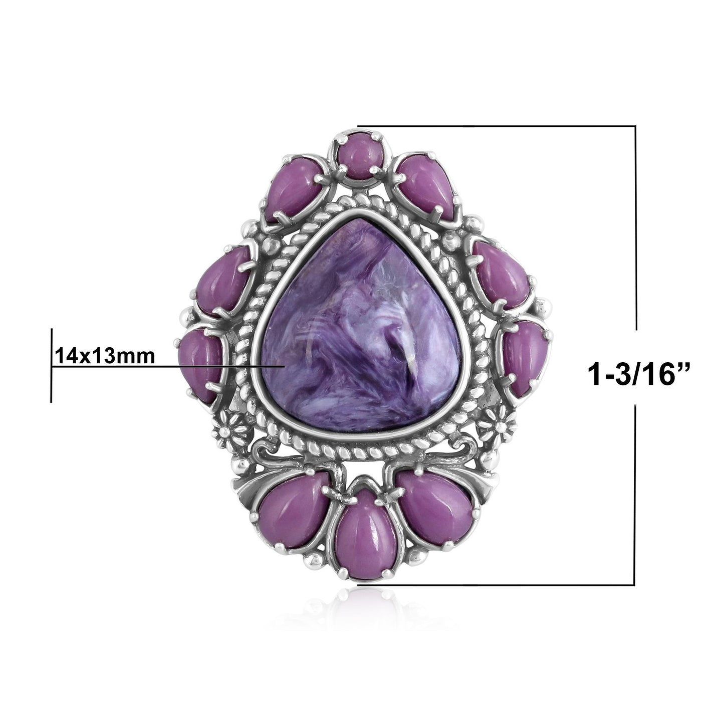 Sterling Silver Charoite and Phosphosiderite 3-Stone Trillion and Pear Ring