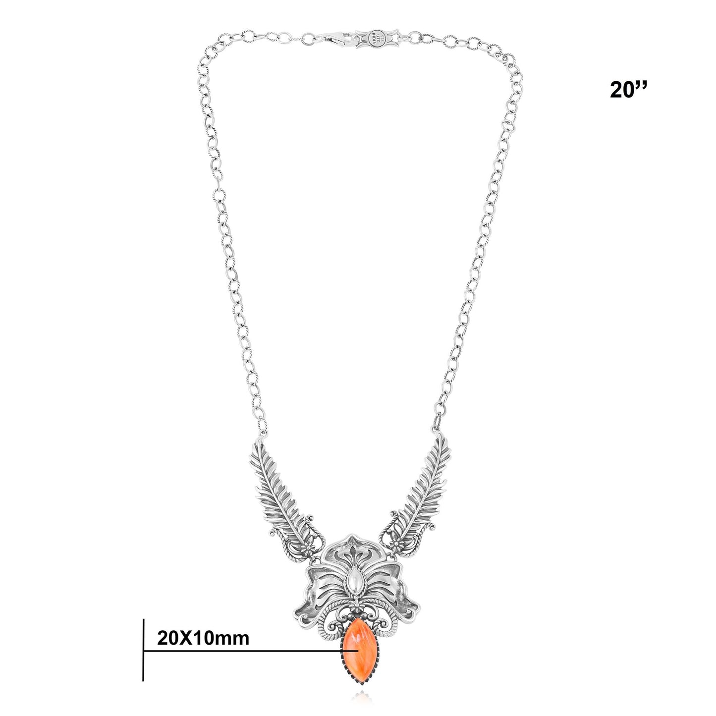 Sterling Silver Orange Spiny Oyster Cactus Flower Marquise Feather Necklace