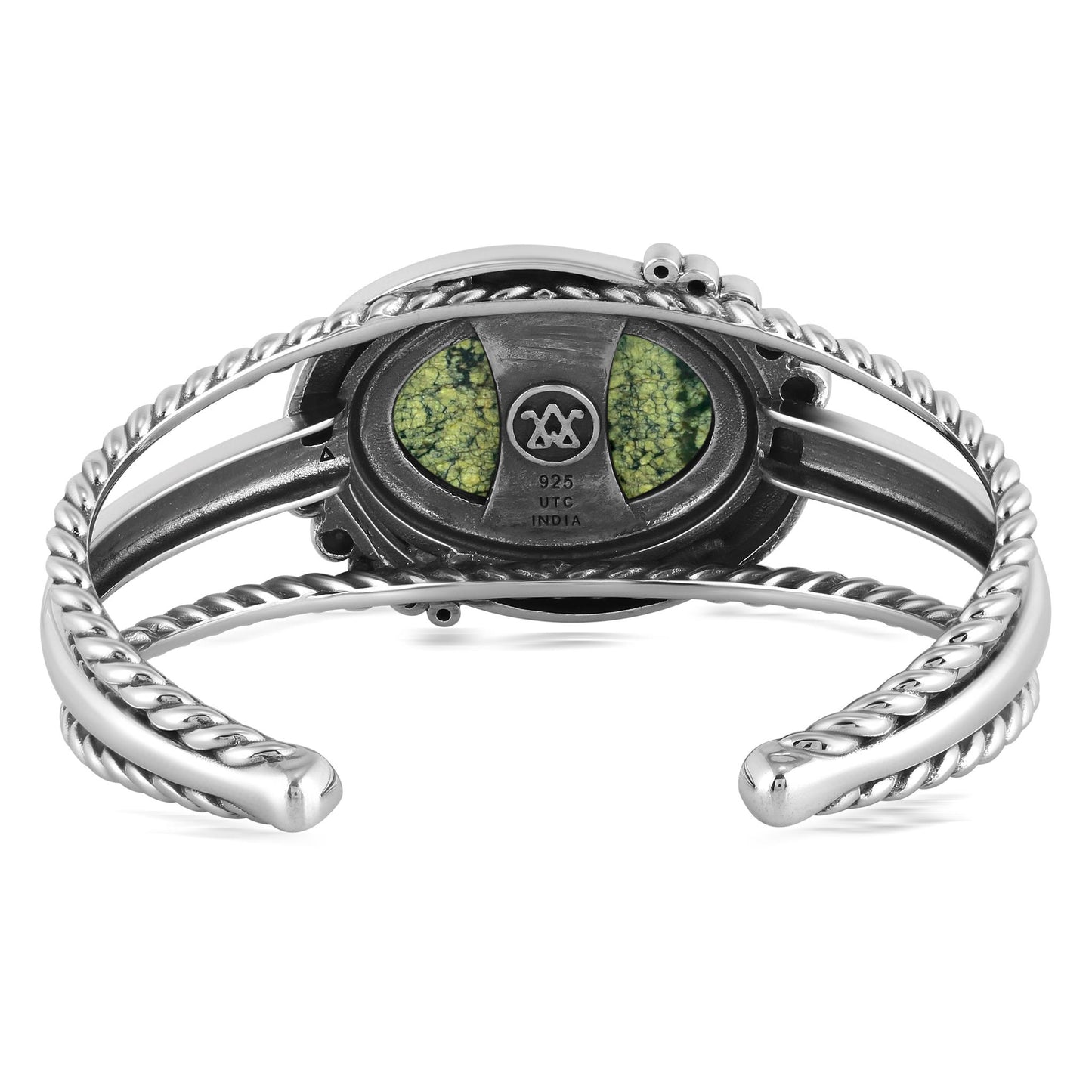 Sterling Silver Spiderweb Serpentine Bold Oval Gemstone Rope Cuff Bracelet