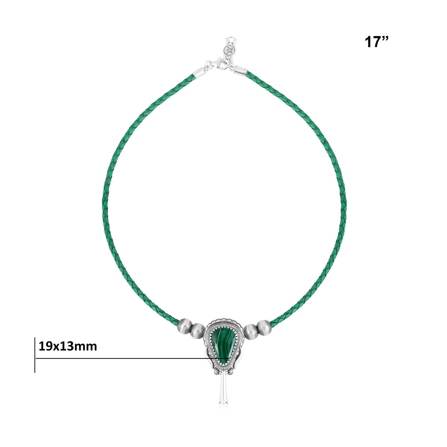 Sterling Silver Malachite Green Leather Squash Blossom Necklace