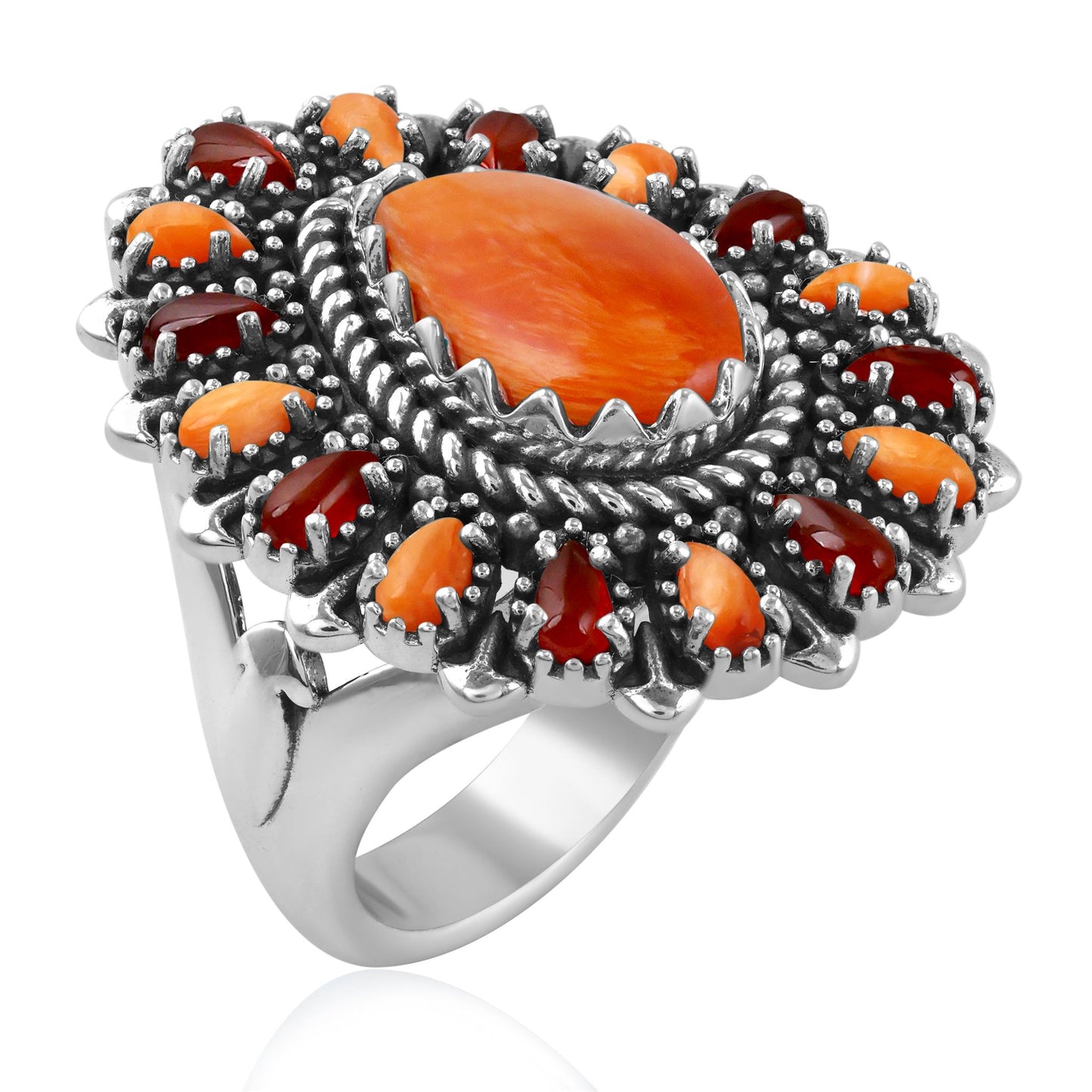 LIMITED EDITION! Sterling Silver Orange Spiny Oyster and Red Onyx Pear-Shaped Cluster Ring