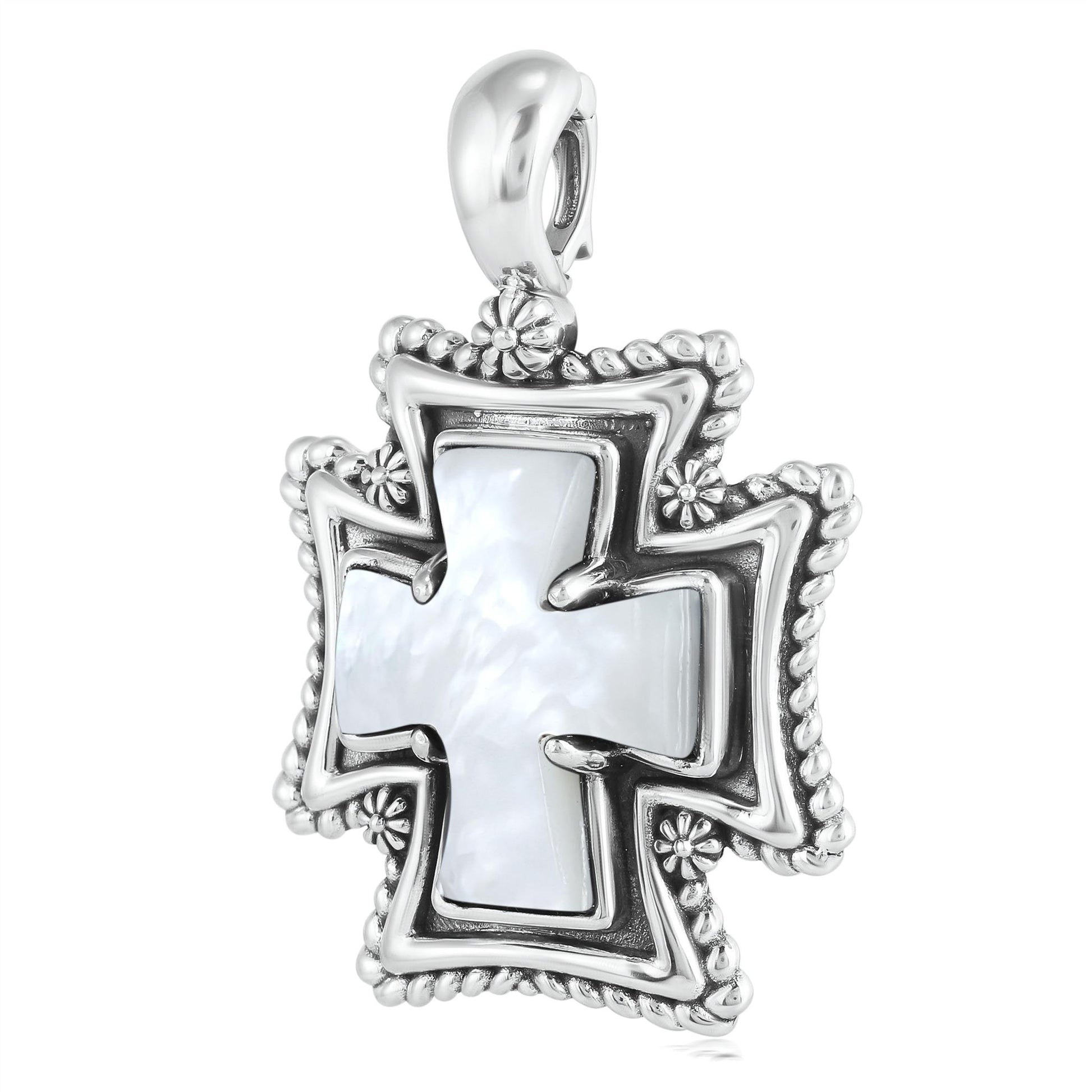 Sterling Silver White Mother of Pearl Rope Detail Cross Pendant Enhancer