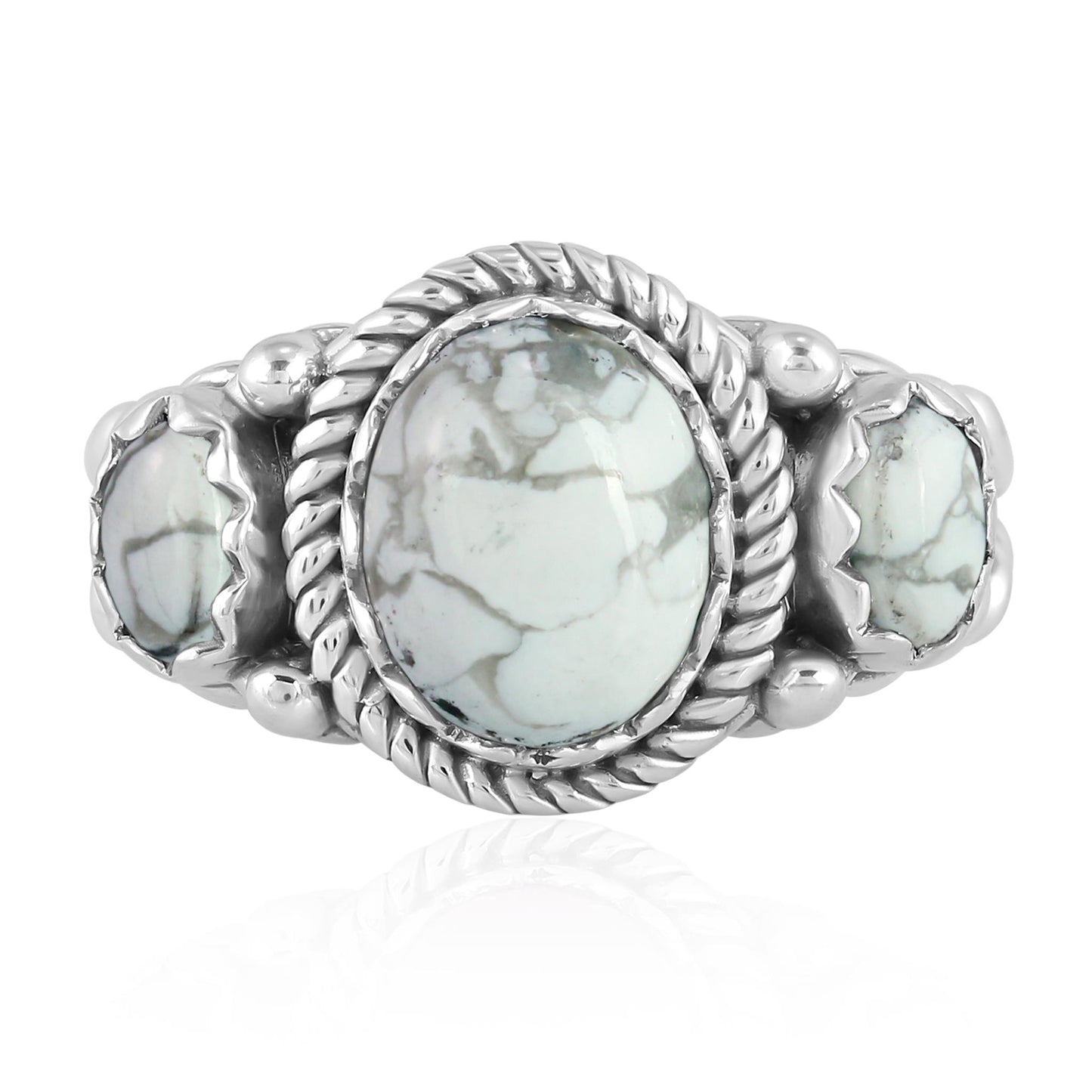Sterling Silver White Howlite 3-Stone Ring, Sizes 5 to 11