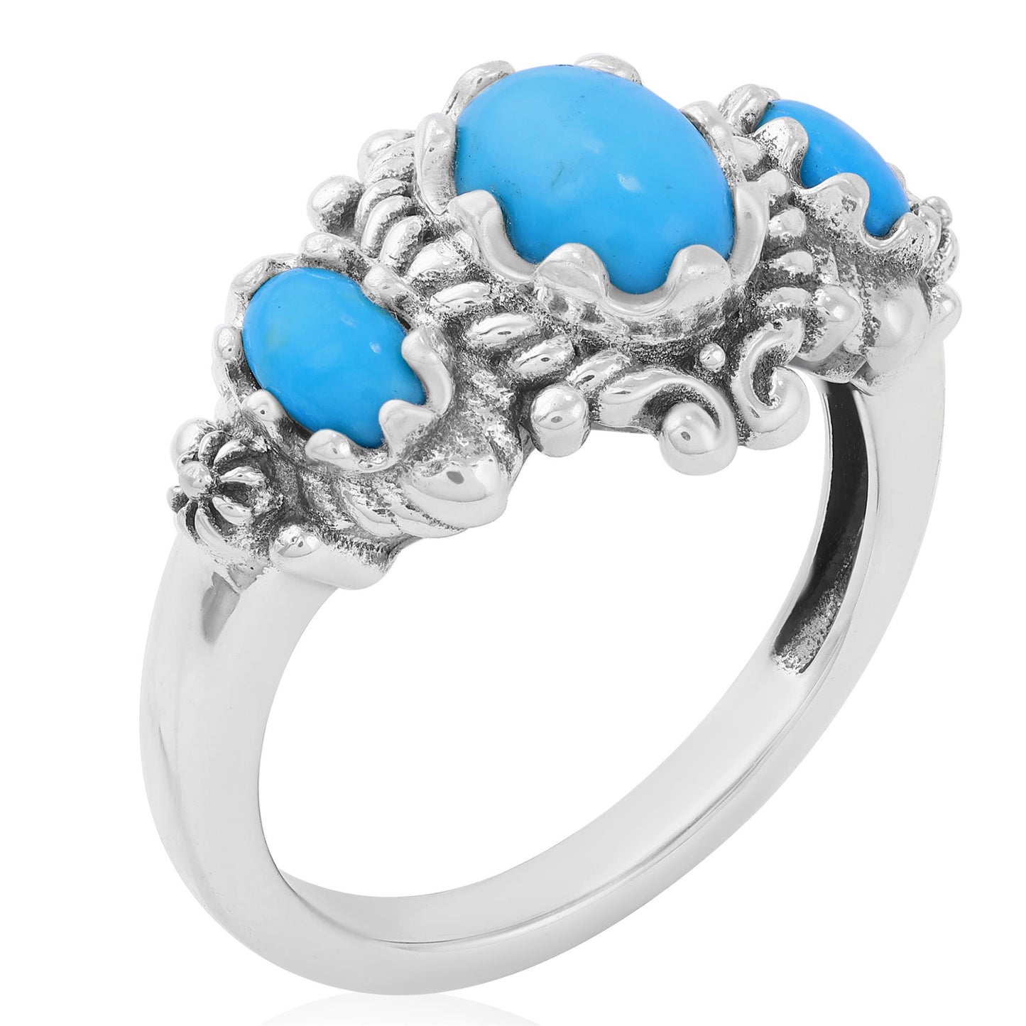 Sterling Silver Kingman Turquoise 3-Stone Oval Scalloped Bezel Ring
