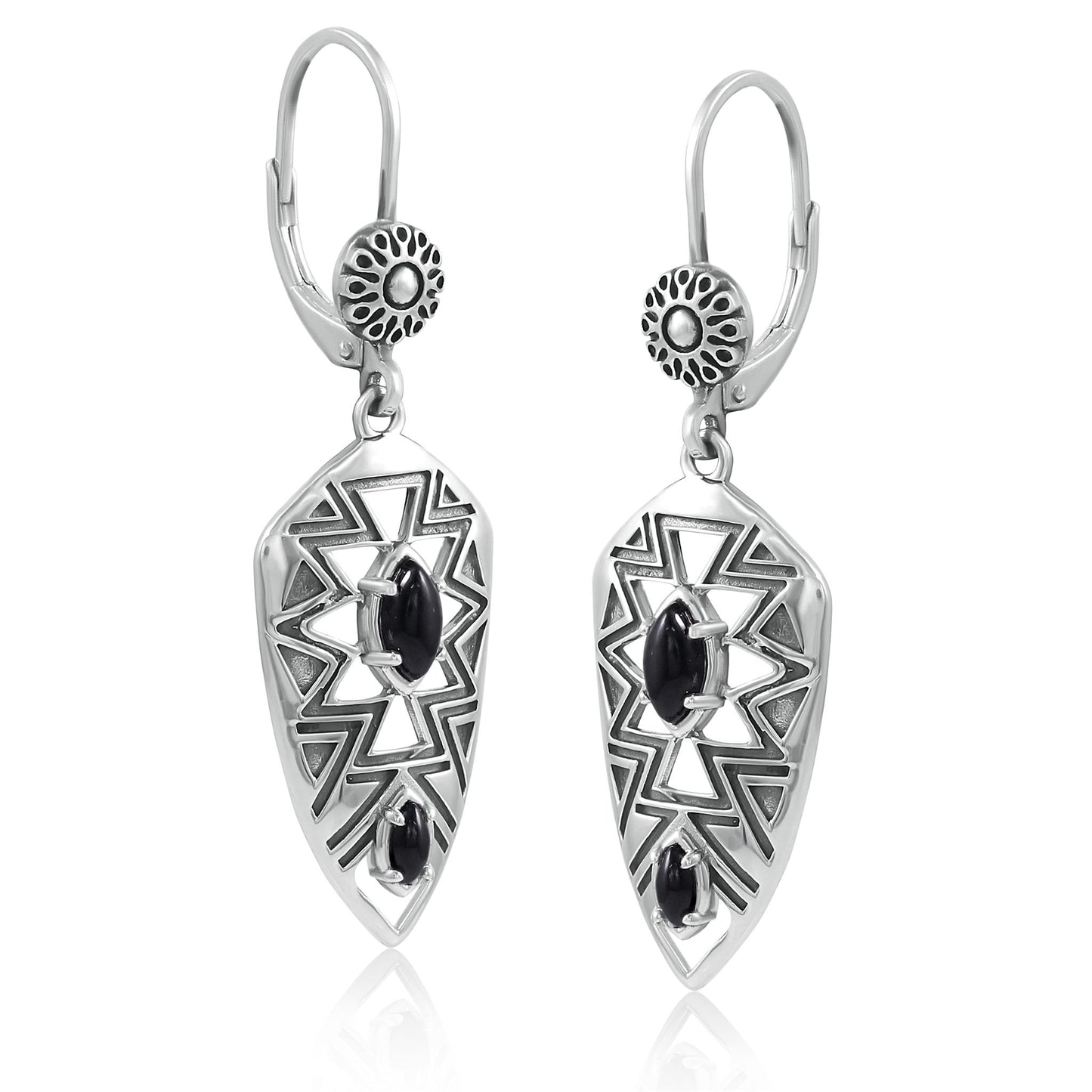 Sterling Silver Marquise Black Agate Patterned Lever Back Earrings