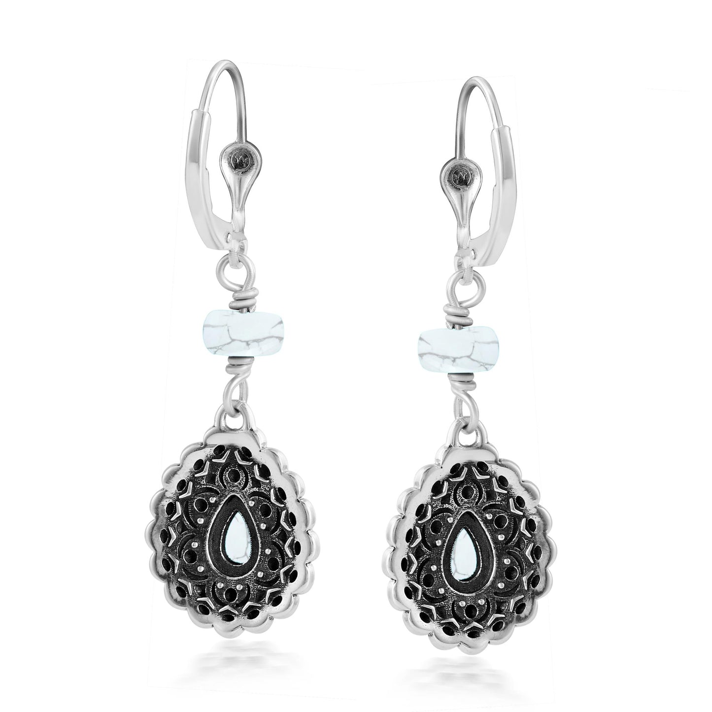 Sterling Silver White Howlite Pear-Shaped Concha Lever Back Earrings