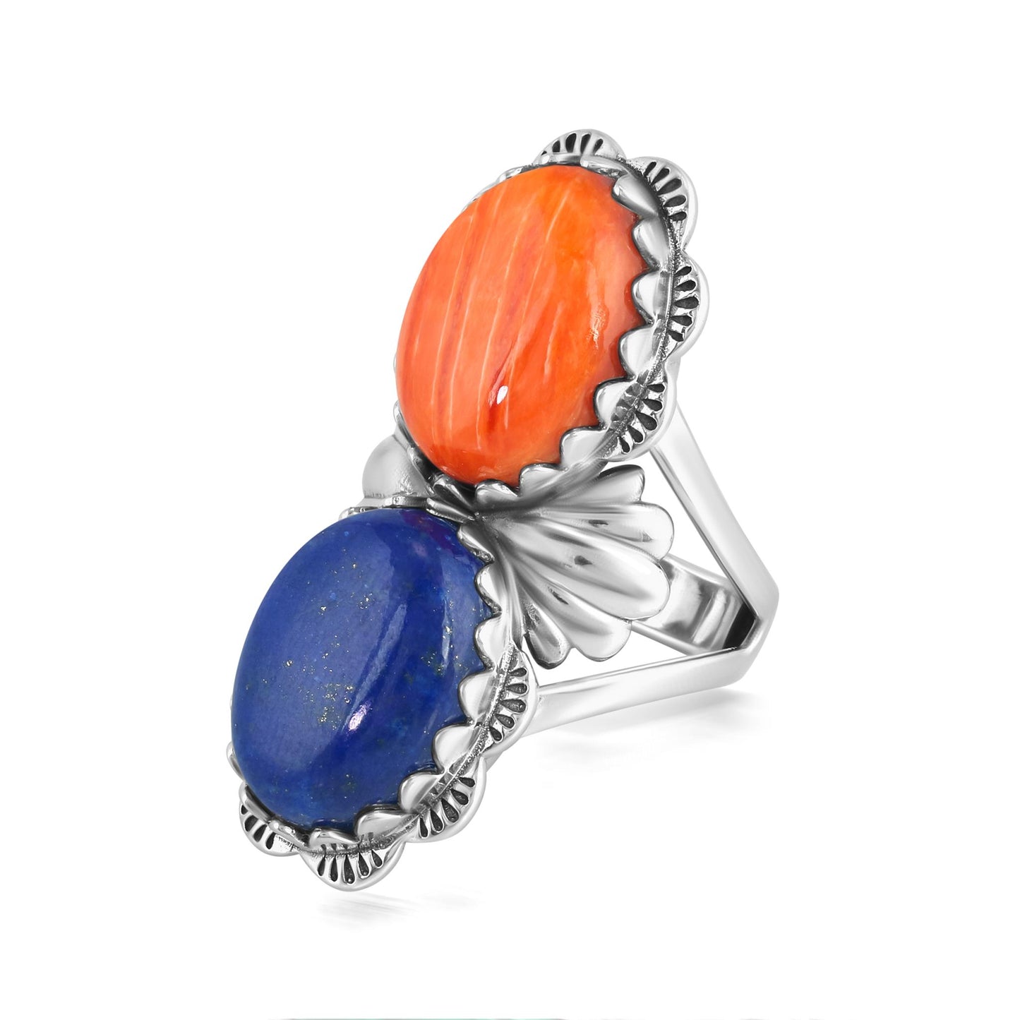 Sterling Silver Oval Lapis and Orange Spiny Oyster Scalloped Ring