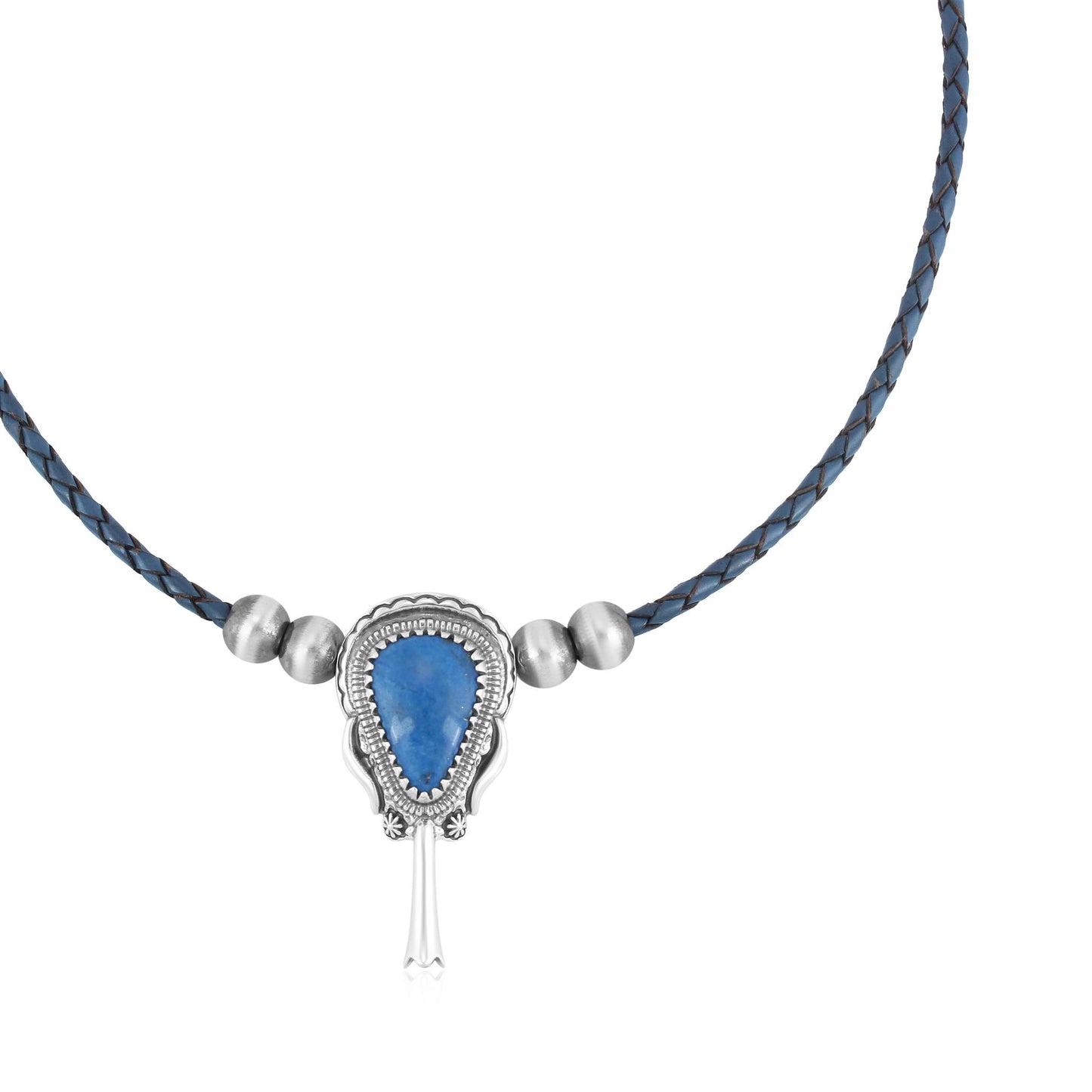Sterling Silver Lapis Blue Leather Squash Blossom Necklace