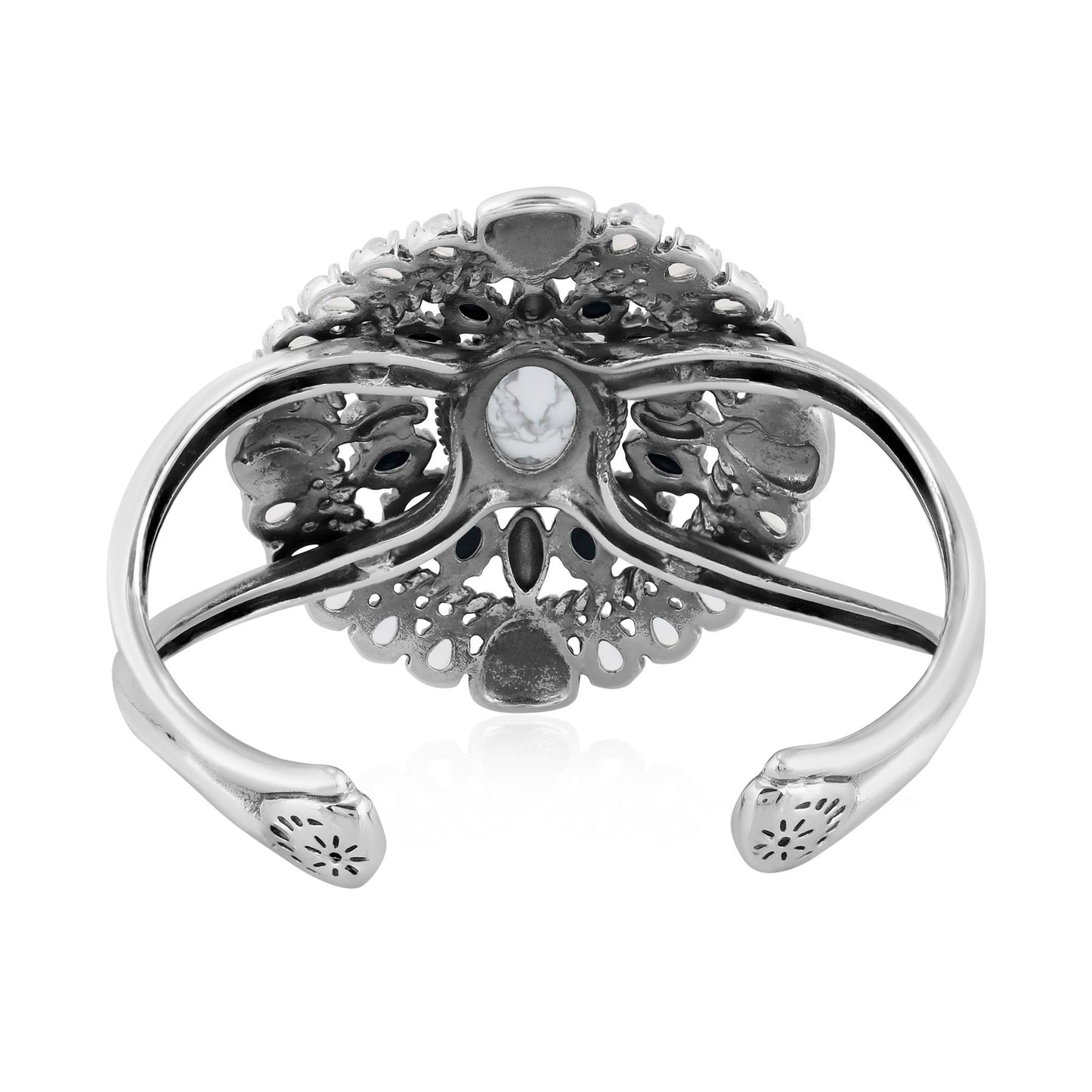 Sterling Silver White Howlite, Black Agate and White Agate Floral Cluster Cuff Bracelet