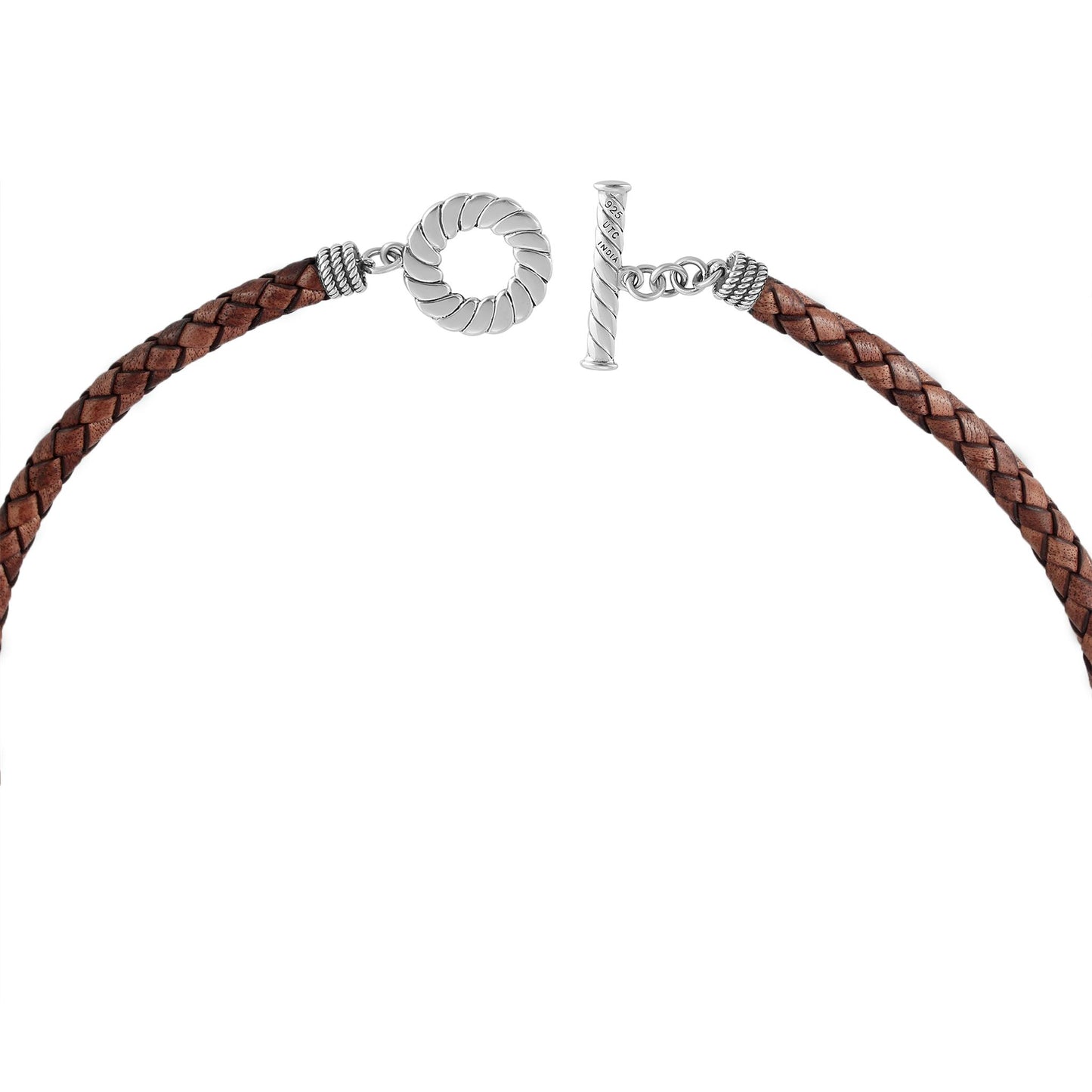 Sterling Silver Braided Antique Brown Leather Toggle Necklace