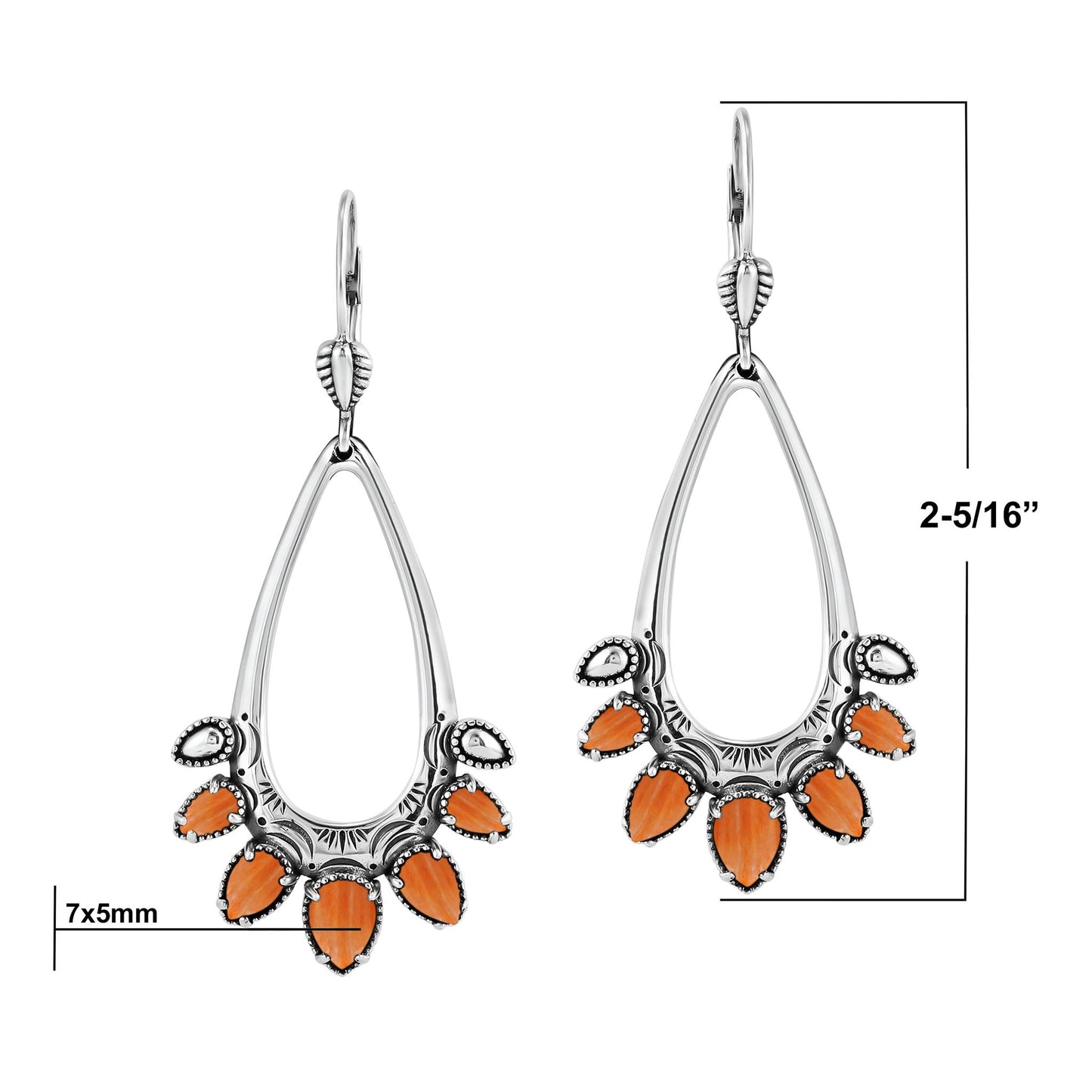Sterling Silver Orange Spiny Oyster Open Pear Gemstone Lever Back Earrings