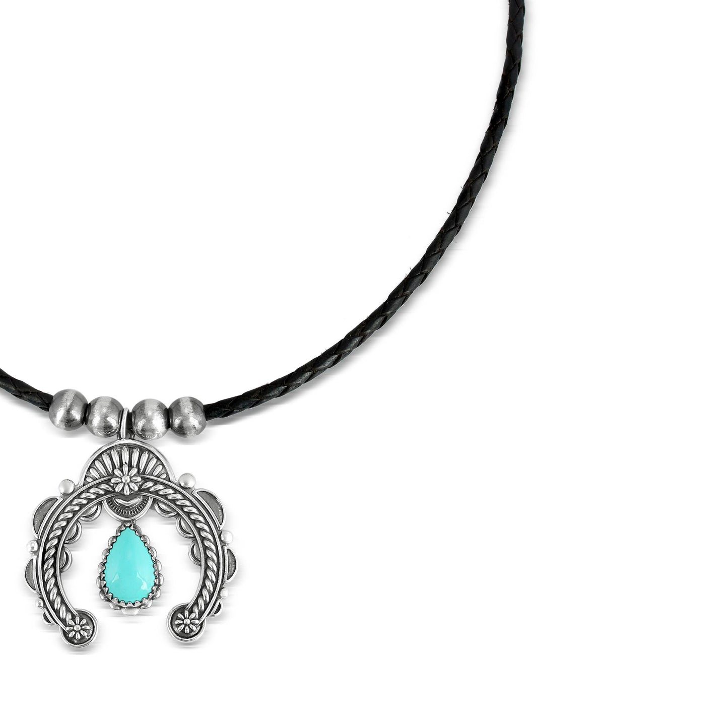 Sterling Silver Blue Turquoise and Black Leather Pear Gemstone Naja Necklace
