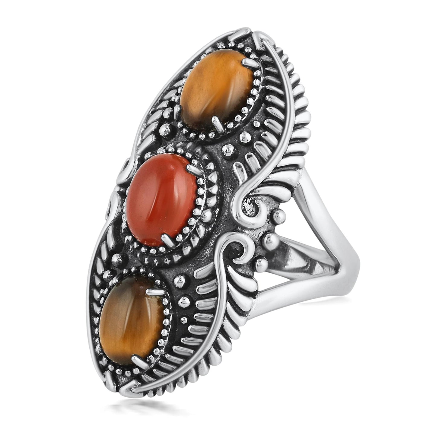 Sterling Silver Tiger's Eye and Red Jasper Feather Ring