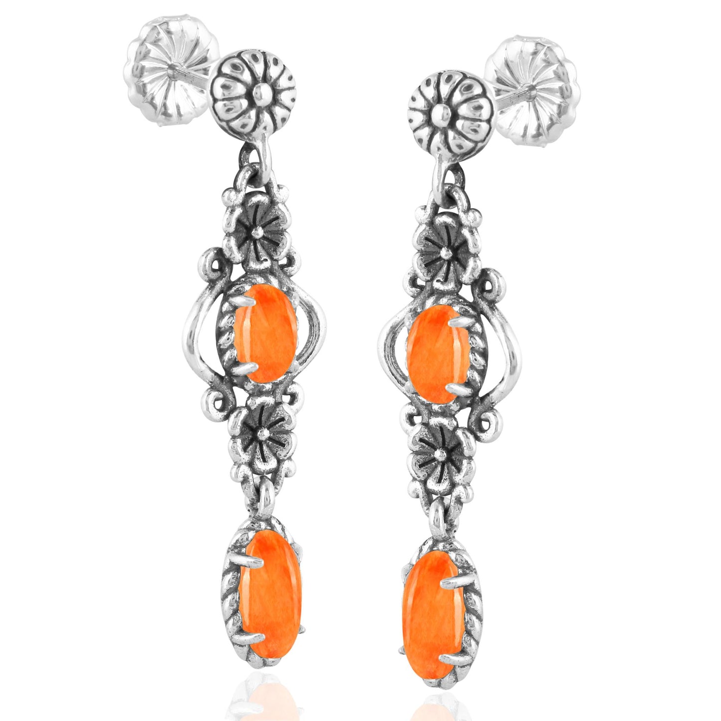 Sterling Silver Orange Spiny Oyster Gemstone Floral Dangle Earrings