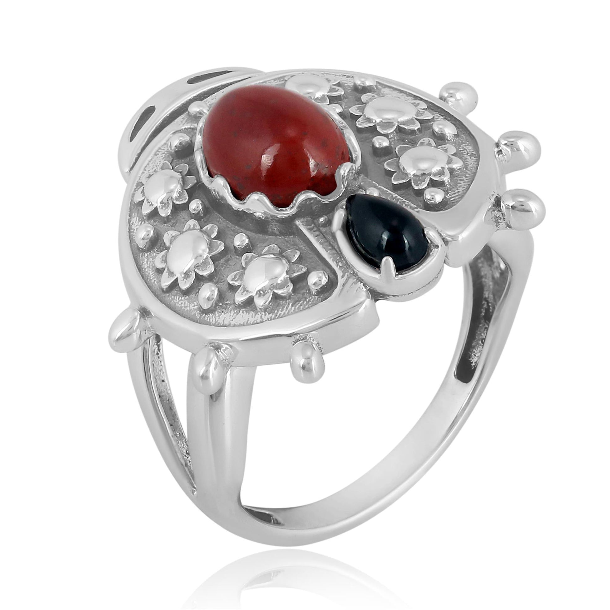 Sterling Silver Red Jasper Black Onyx Ladybug Ring