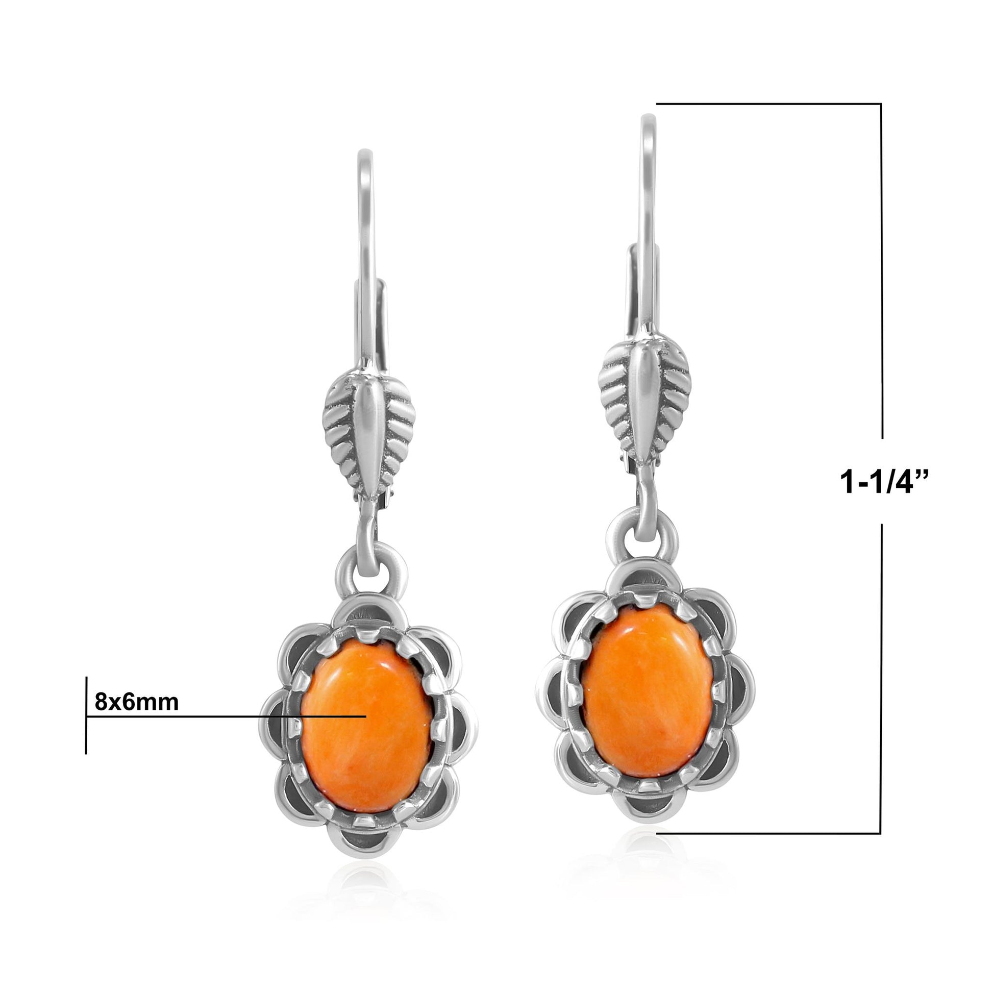 Sterling Silver Orange Spiny Oyster Concha Lever Back Dangle Earrings