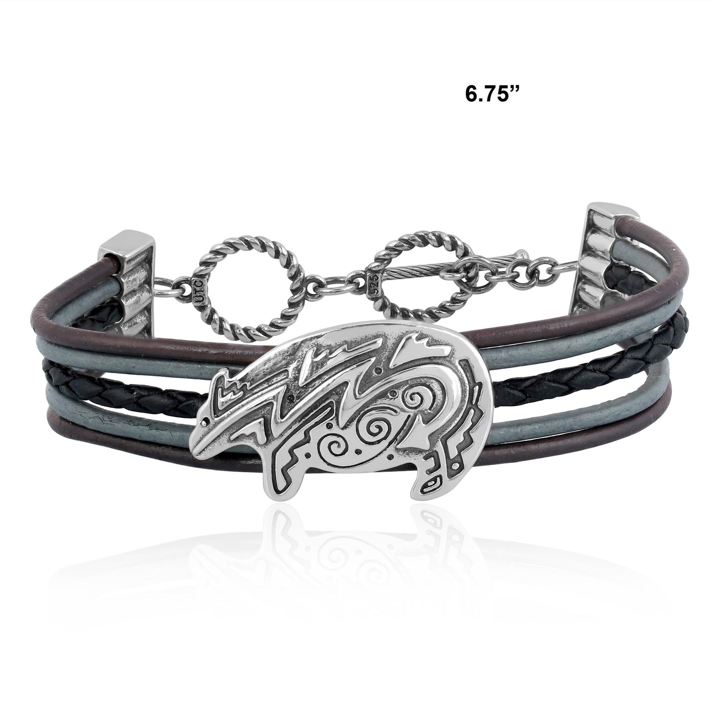 Sterling Silver Bear Design Multicolored Black Leather Toggle Bracelet