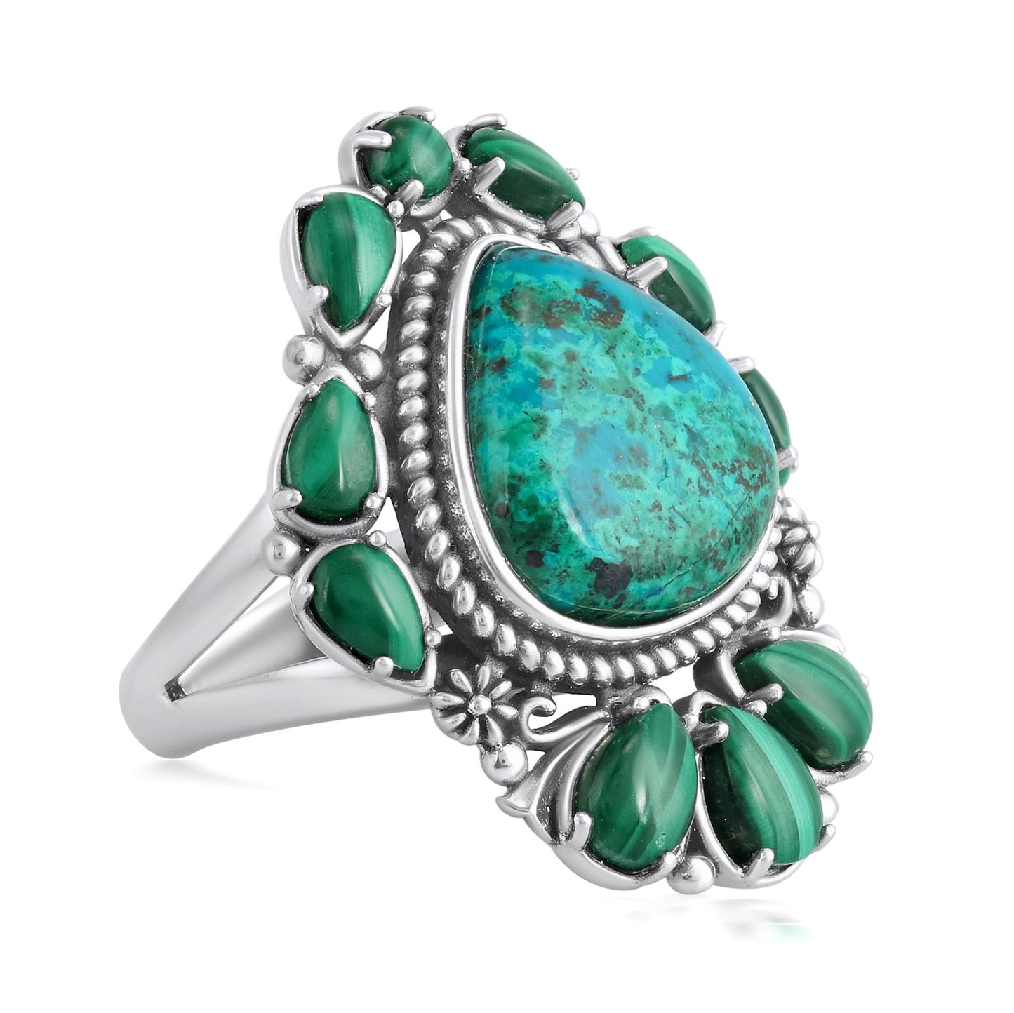 Sterling Silver Chrysocolla and Malachite 3-Stone Trillion and Pear Ring