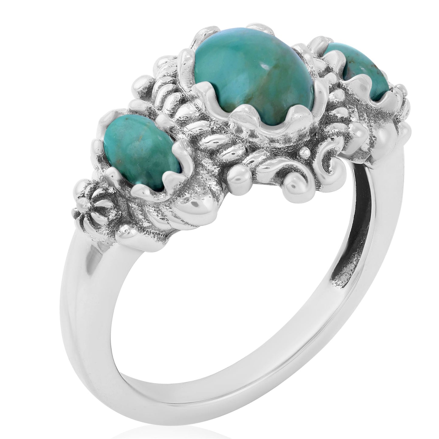 Sterling Silver Green Turquoise 3-Stone Oval Scalloped Bezel Ring