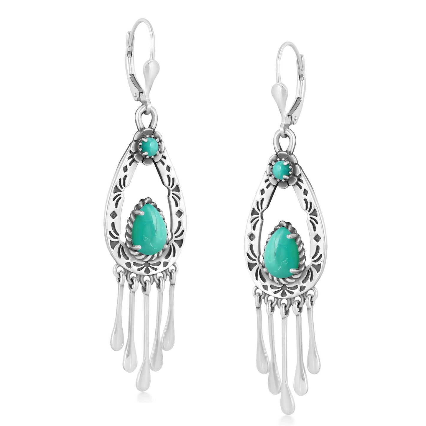 Sterling Silver Green Turquoise Pear-Cut Lever Back Dangle Earrings