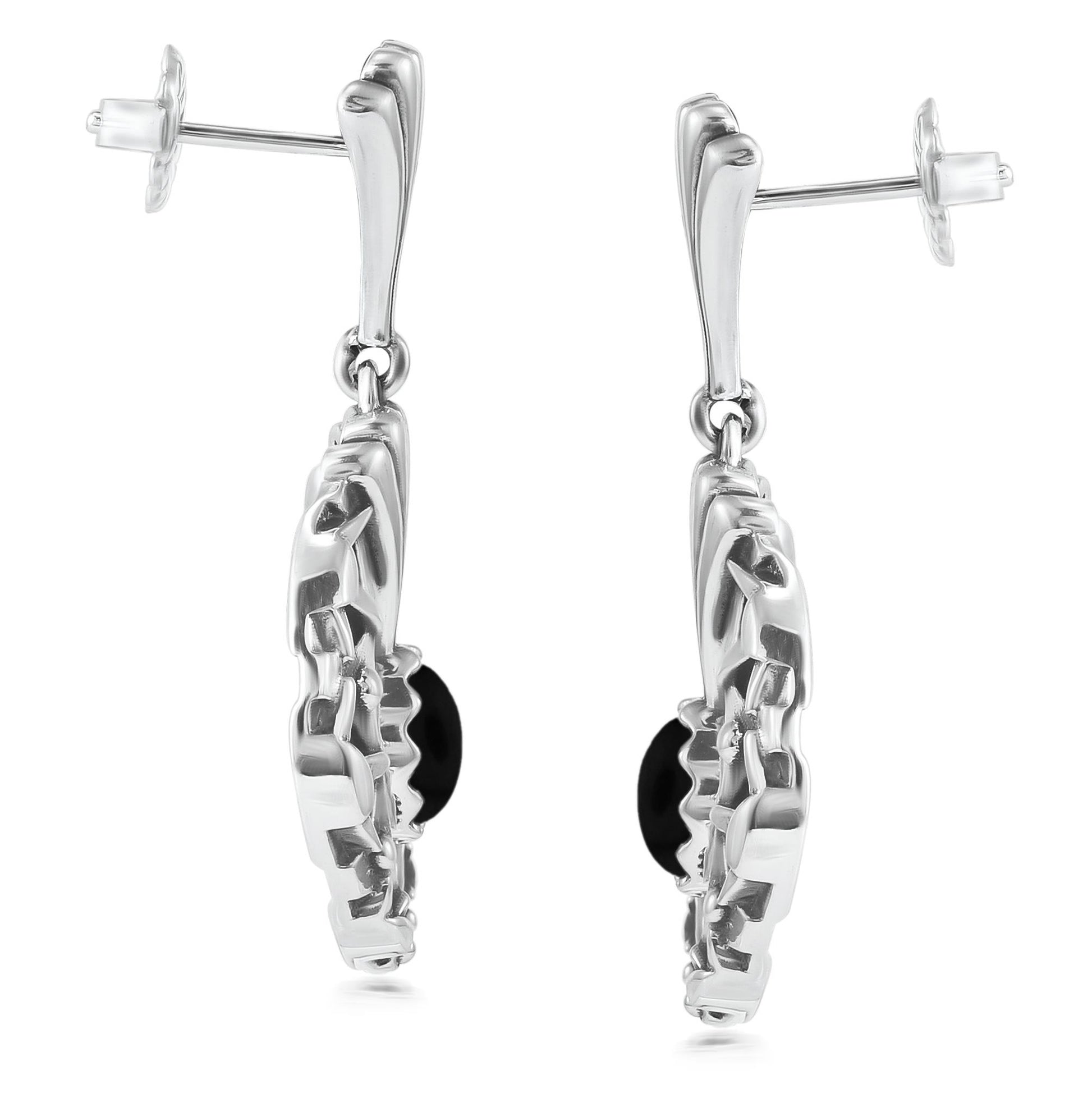 Sterling Silver Black Agate Fritz Casuse Oval Gemstone Naja Earrings
