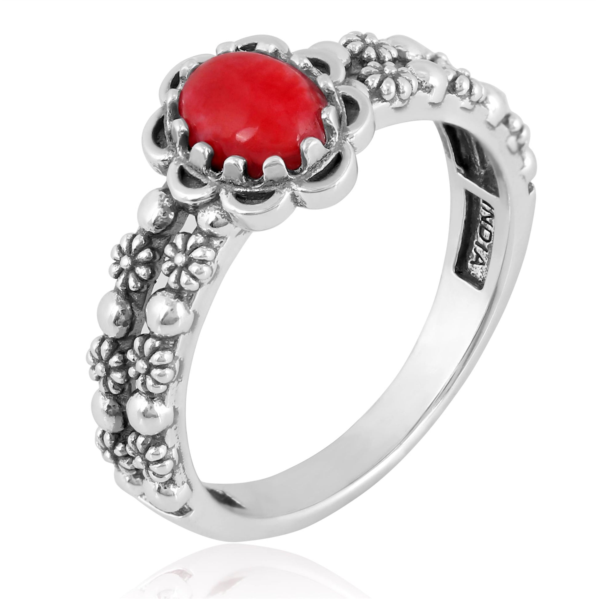 Sterling Silver Red Coral Double Row Concha Flower Ring