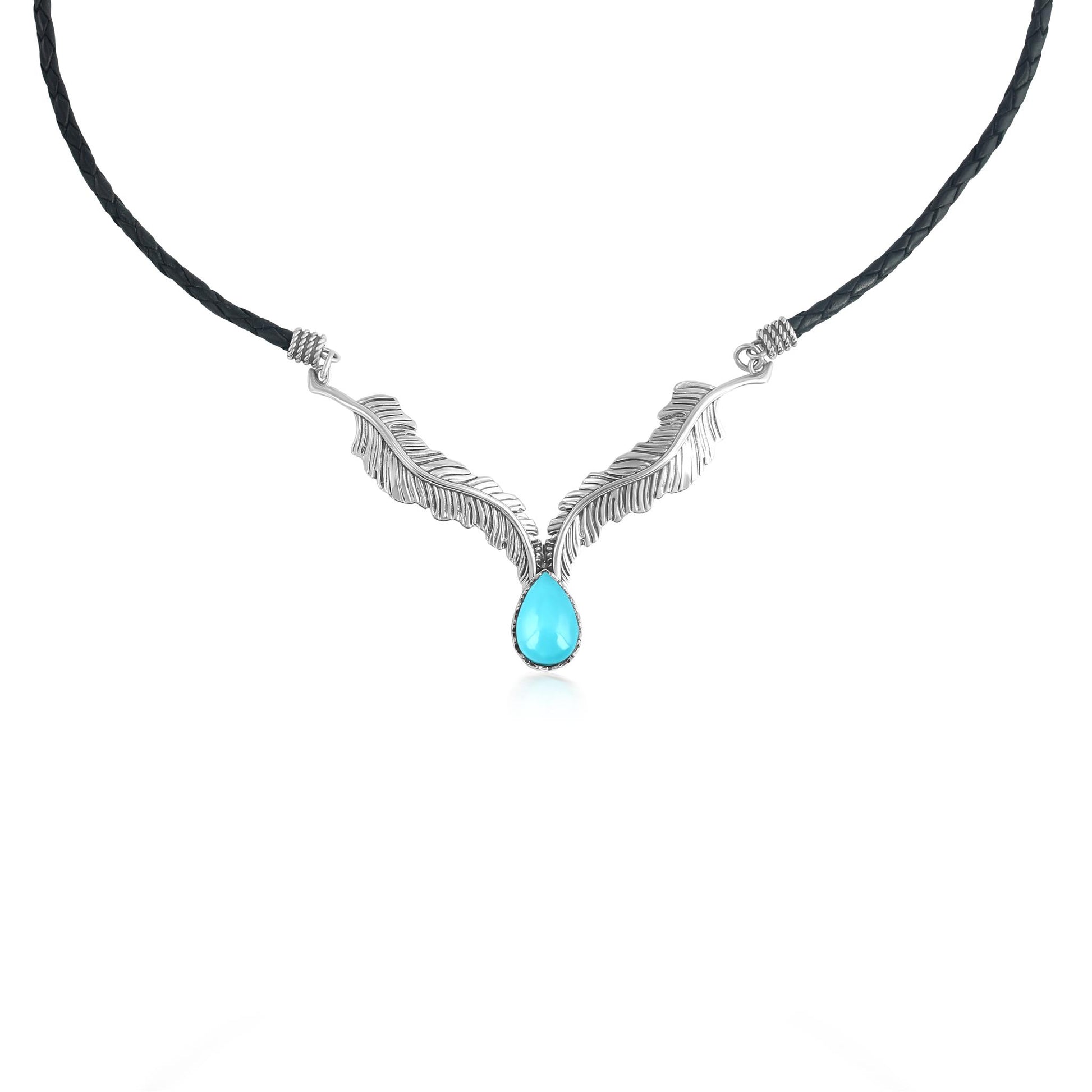 LIMITED EDITION! Sterling Silver Sleeping Beauty Turquoise Black Leather Feather Design Necklace