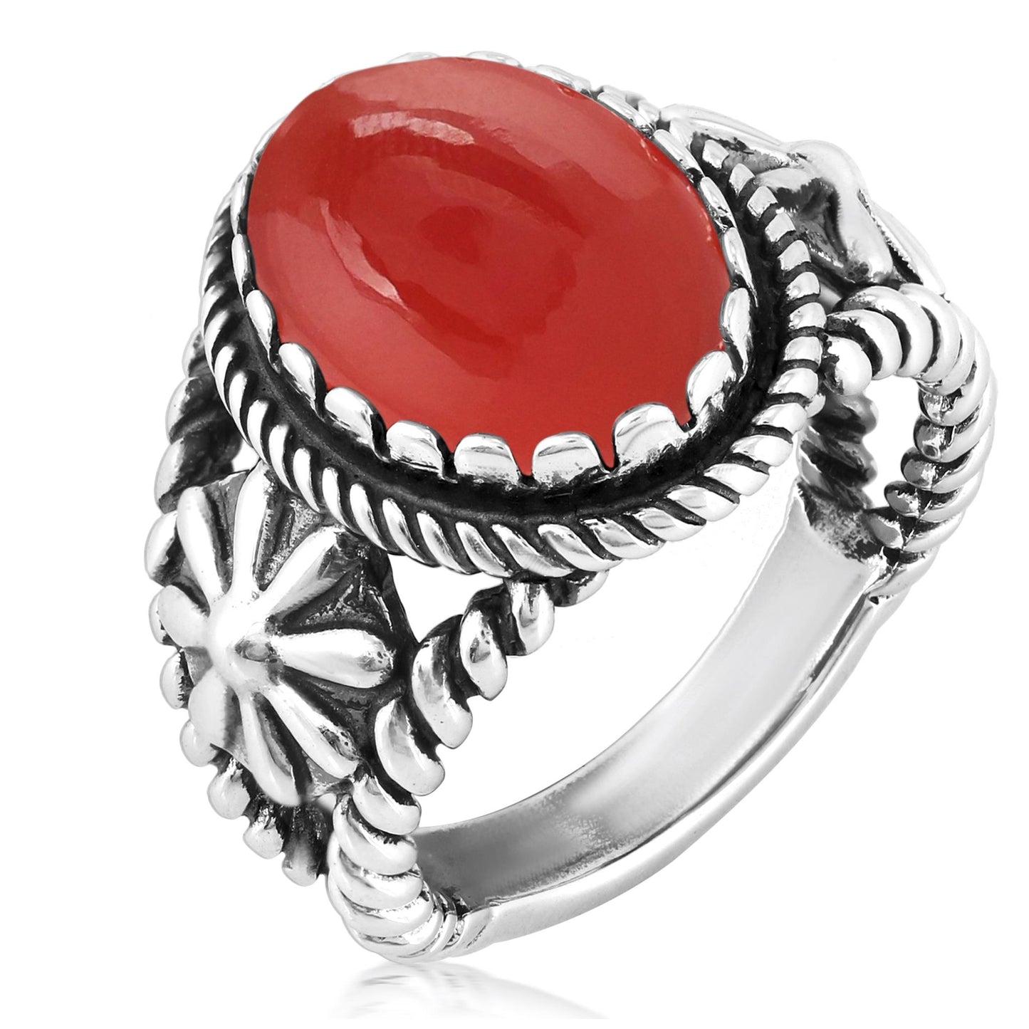 Sterling Silver Red Onyx Concha Flower Design Ring, Sizes 5 to 10