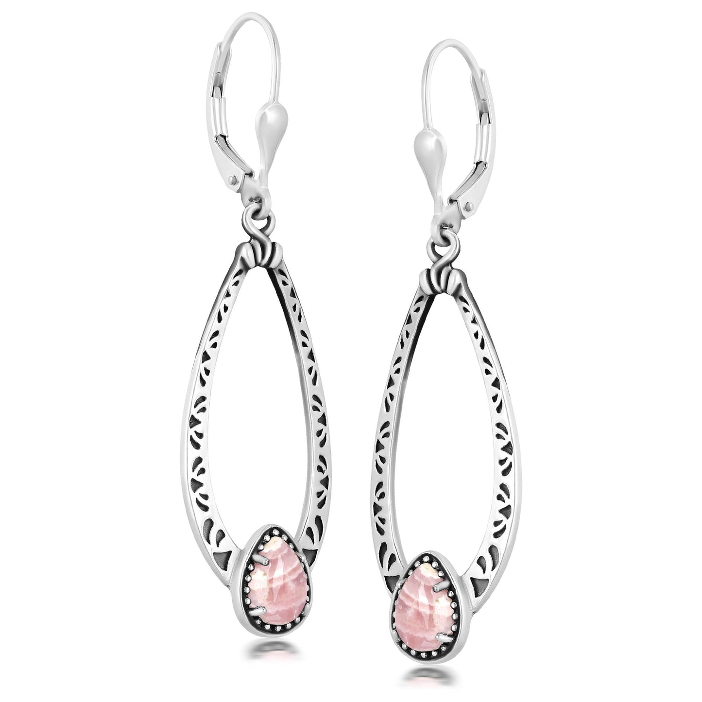 Sterling Silver Rhodochrosite Pear-Cut Long Oval Lever Back Dangle Earrings