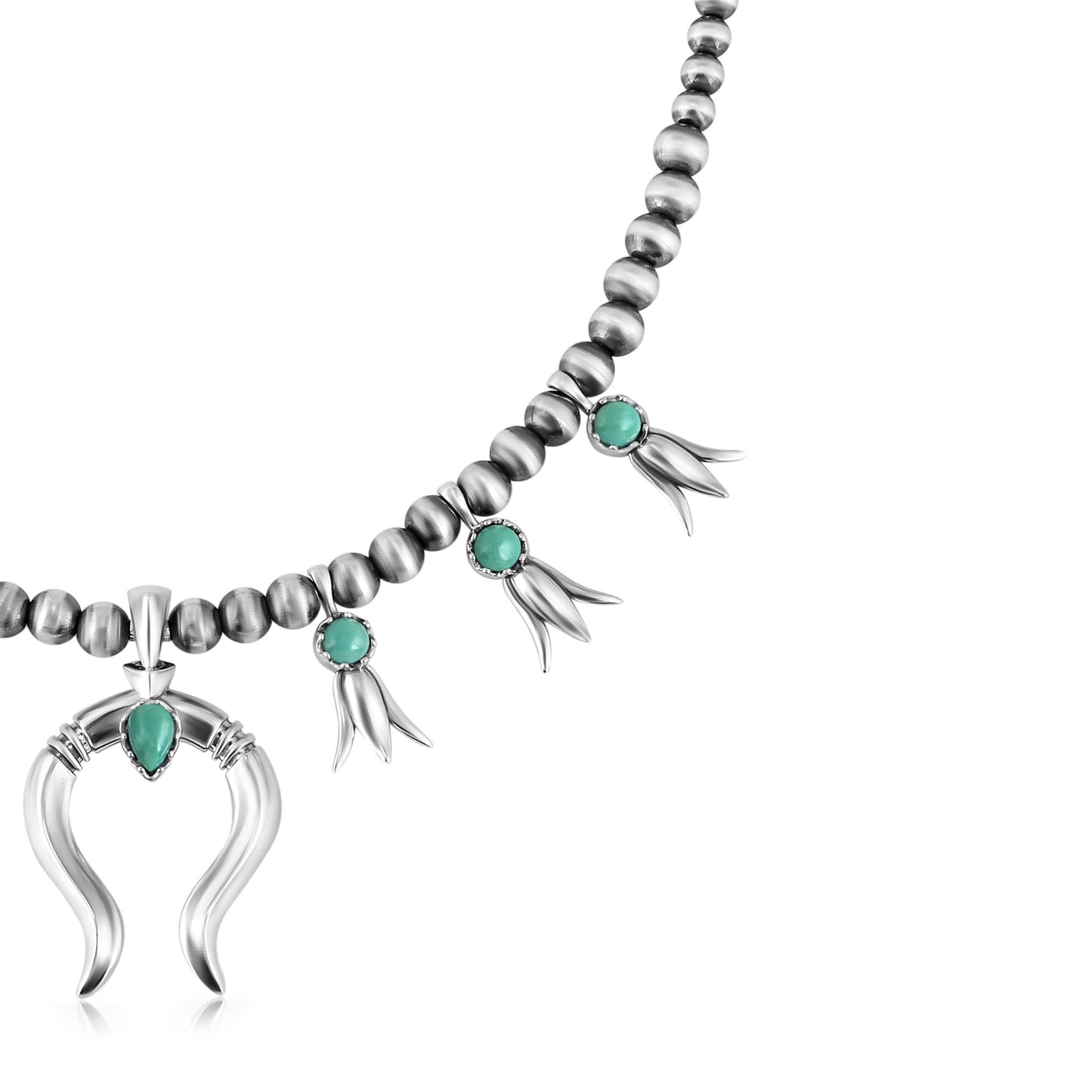 Sterling Silver Green Turquoise Beaded Squash Blossom Necklace